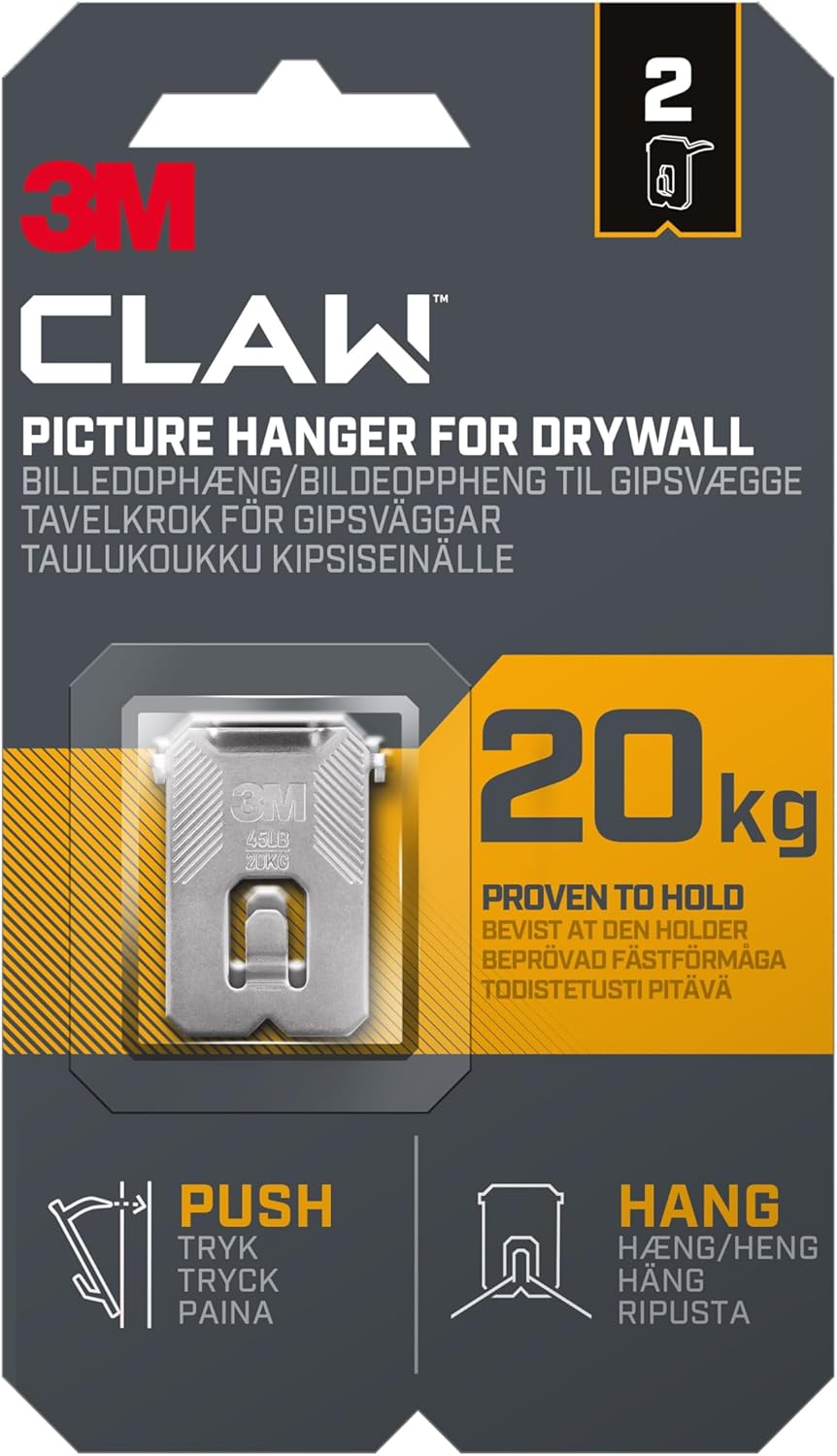 3M CLAW Picture Hooks for Hanging Paintings on Plaster Walls, 2 Hooks - Maximum Weight Tested up to 20 kg - Ideal for Attaching Heavy Objects, Mirrors, Home Decor, No Tools