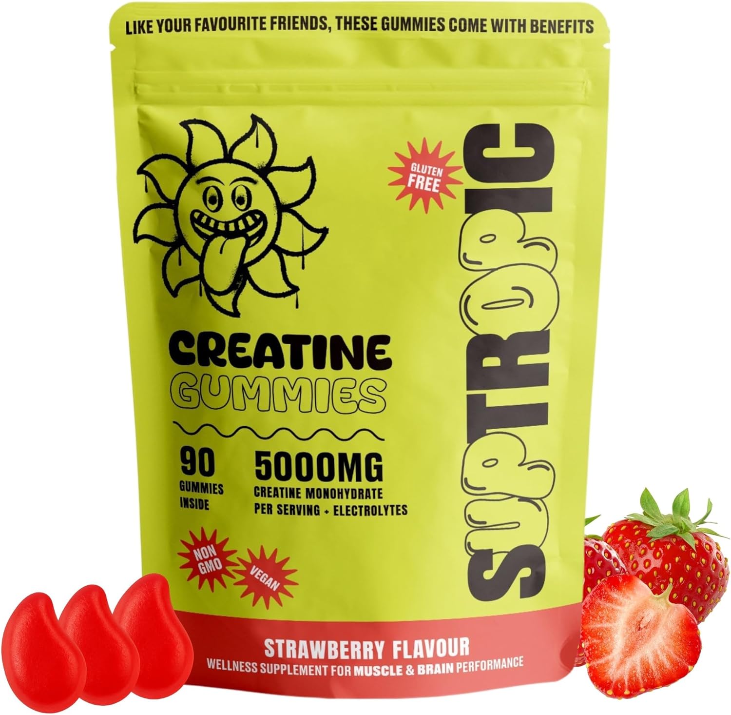 SUPTROPIC Creatine Monohydrate Gummies with Electrolytes – 5000mg Creatine + Magnesium, Potassium & Vitamin D3 – Zero Sugar, Strawberry Flavor – 90 Gummies – Pre/Post Workout Muscle Support
