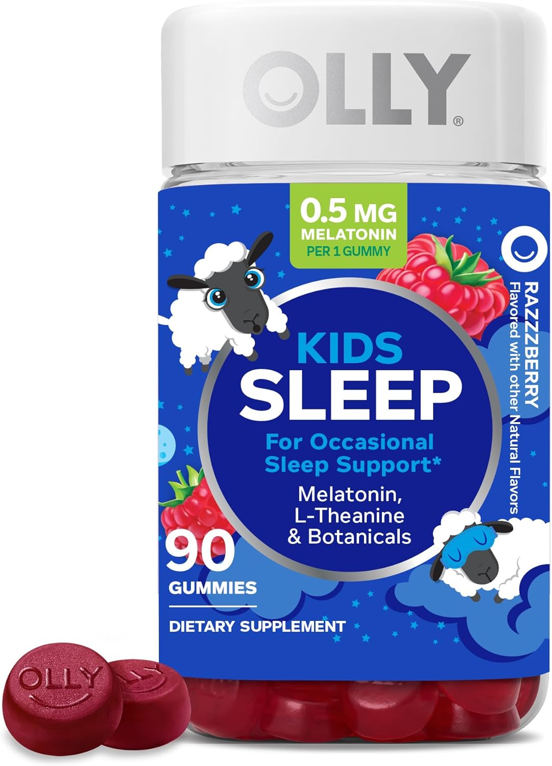 OLLY Kids Sleep Gummy, Occasional Sleep Support, 0.5mg Melatonin, L Theanine, Chamomile, and Lemon Balm Extracts, Childrens Chewable Supplement, Raspberry Flavor - 90 Count