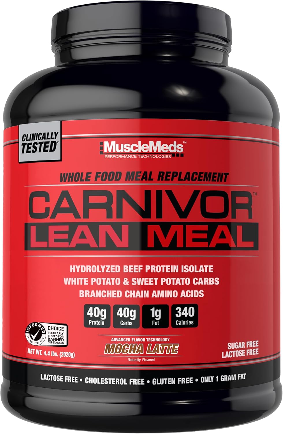MuscleMeds CARNIVOR Lean Meal Whole Food Meal Replacement Shake, MRE, Beef Protein Isolate, White Potato, Sweet Potato, 40g Protein, 40 g Carbs, Lactose Free, Sugar Free, Mocha Latte 20 Servings