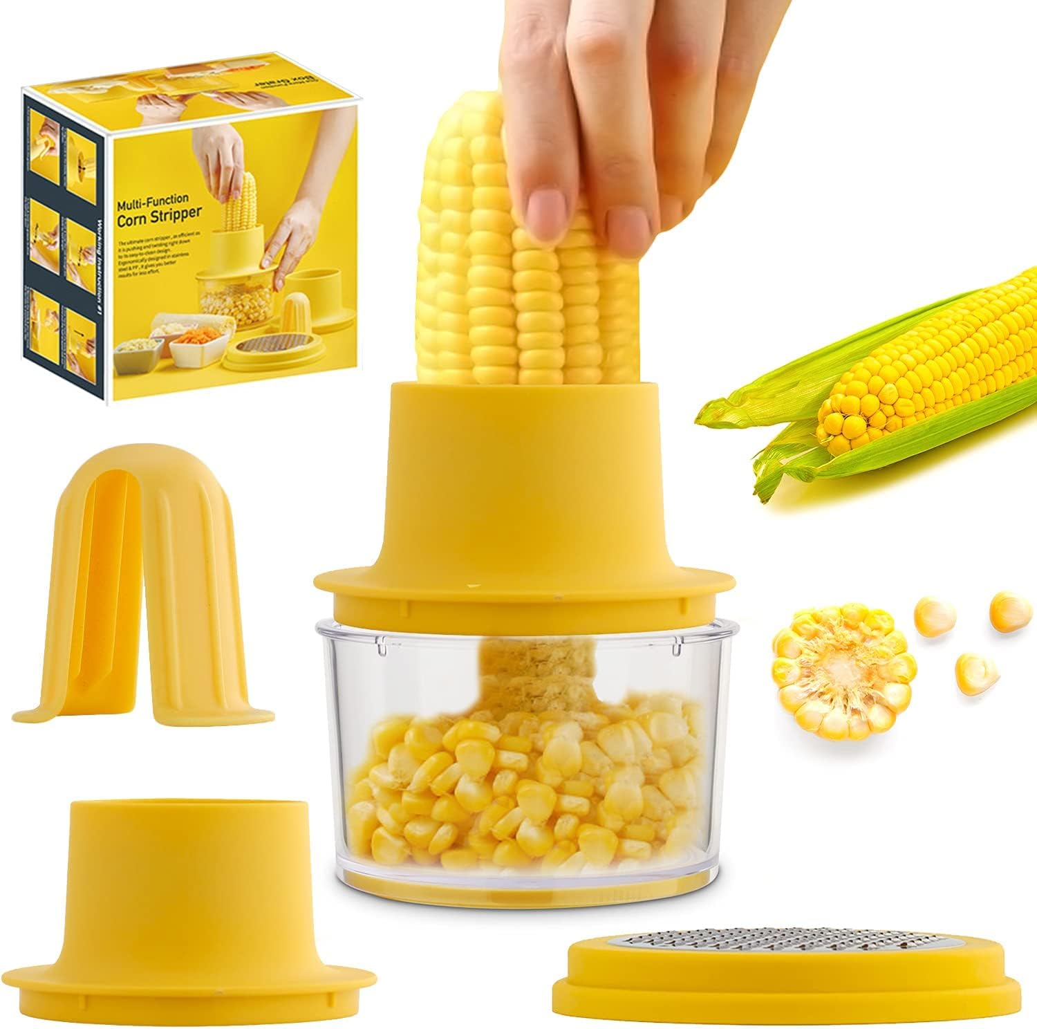 Corn Cob Stripper, Corn Peeler from Corn on the Cob, Quick Corn Kernel Cutter Tool, with Bowl & Safety Handle [Yellow]
