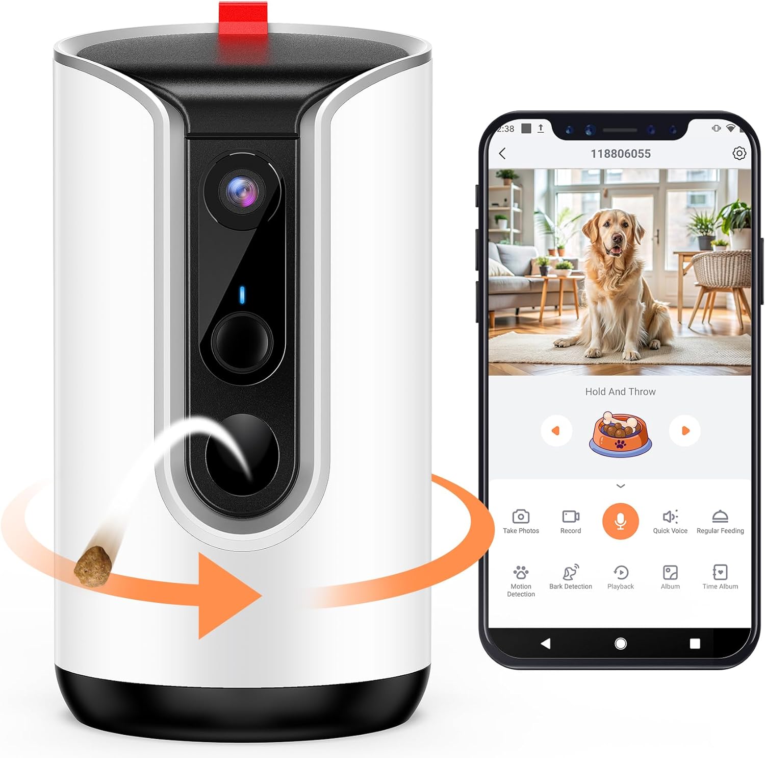 2K Pet Camera Security Dogs Camera, On-Device AI Tracking and Pet Monitoring, 360° View, with Treat Dispenser, Local Storage, 2-Way Audio, Phone App, Motion Alert
