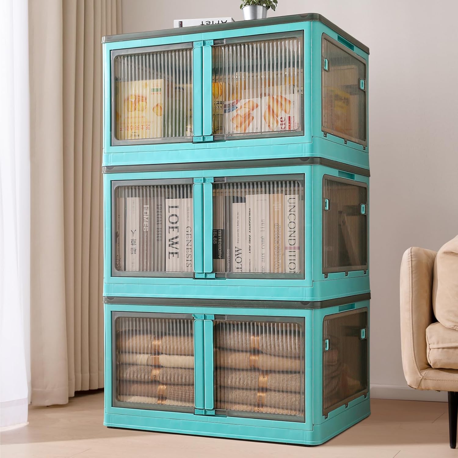 Collapsible Storage Bins 3 Tier 92 Qt Each- Plastic Stackable Storage Bins with Lids and Wheels, 276 Qt/ 69 Gal Large Foldable Organization and Storage Box for Home and Office, Blue