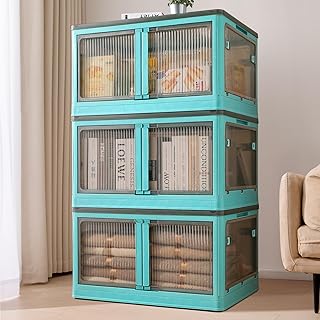 Collapsible Storage Bins 3 Tier 92 Qt Each- Plastic Stackable Storage Bins with Lids and Wheels, 276 Qt/ 69 Gal Large Foldable Organization and Storage Box for Home and Office, Blue