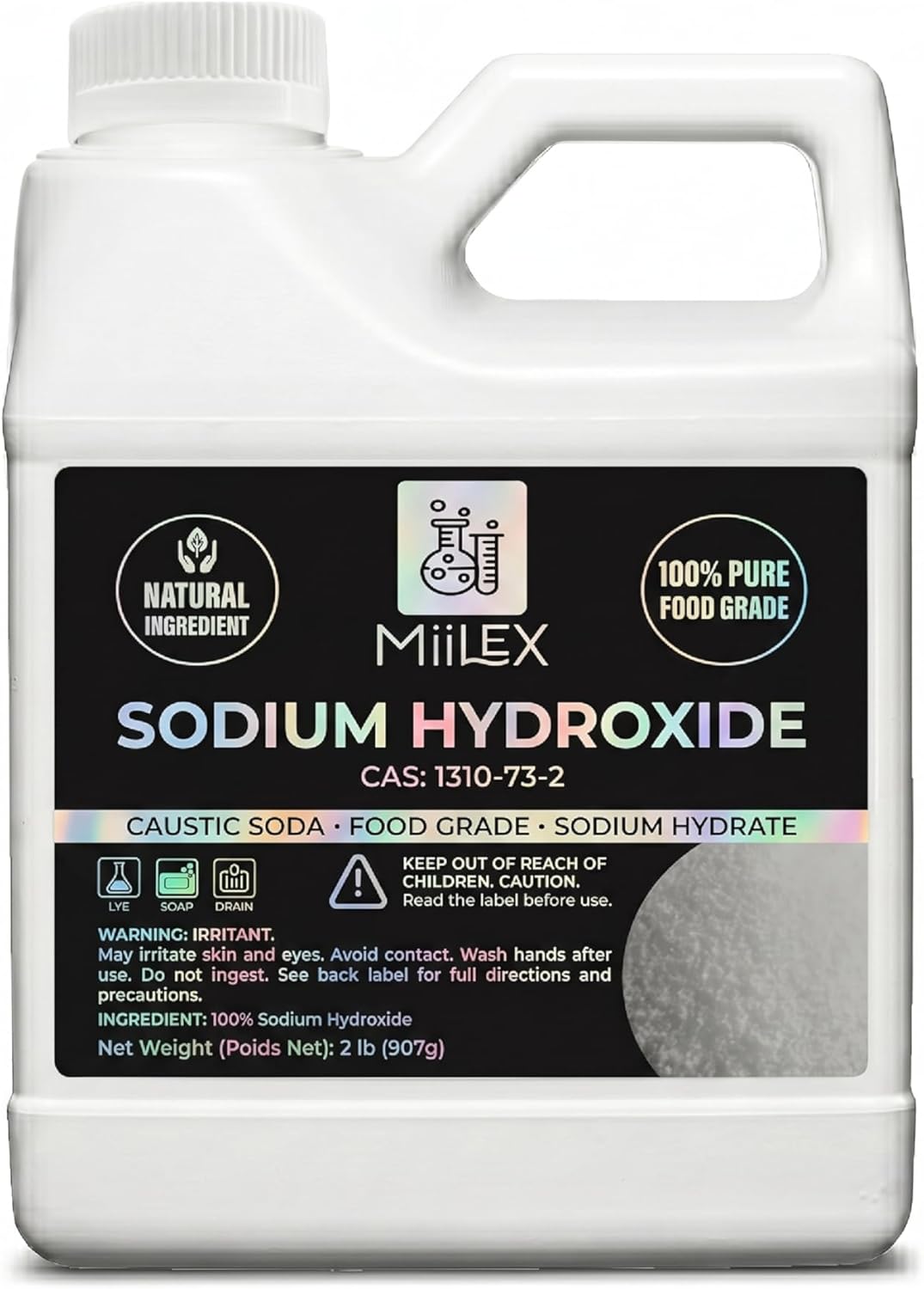 Food Grade Lye Sodium Hydroxide - 100% Pure, 100% Caustic Soda, Food Grade Lye for Soap Making, Kosher Certified | Soap Making, Drain Cleaning, and Culinary Use (2lbs or 907g)