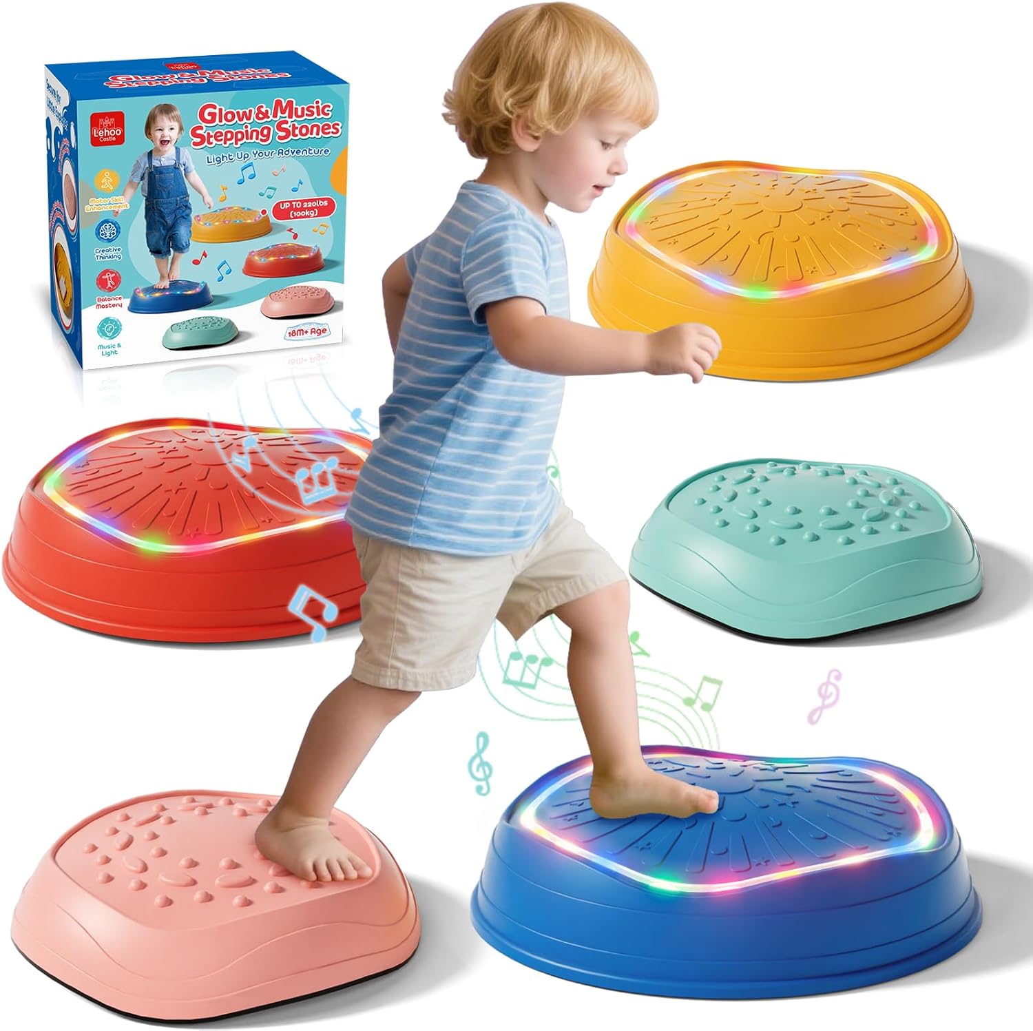 Lehoo Castle Light up & Music Balance Stepping Stones Kids,Toddler Sensory Toys for Autism, Outdoor Fidget Equipment for Kids Obstacle Course