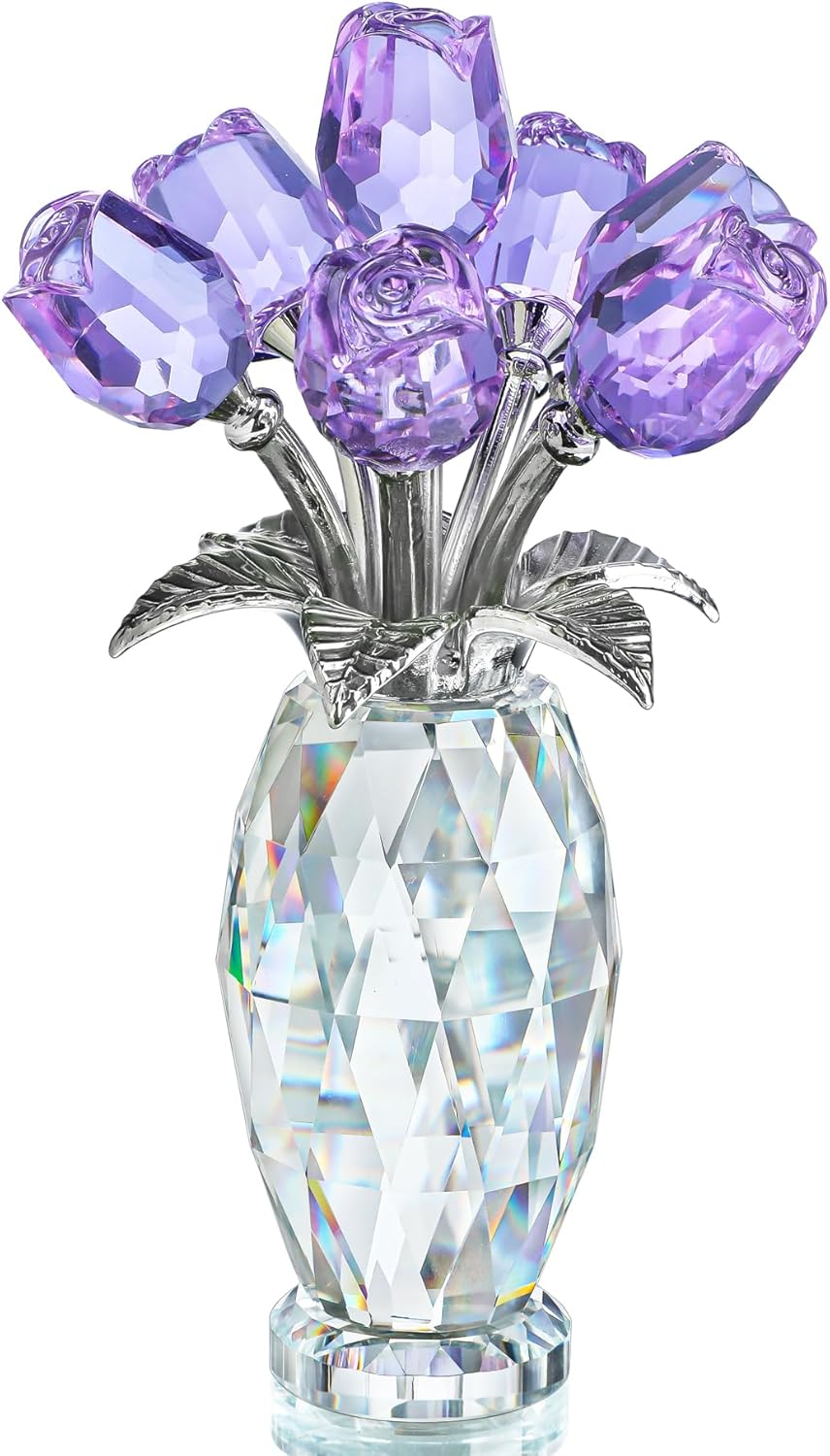 H&D HYALINE & DORA Crystal Rose Purple Flower Figurine,Rose Gifts for Mom Wife Grandma,Glass Flower Collectible Ornament Mother's Day Thanksgiving Anniversary Birthday Gifts