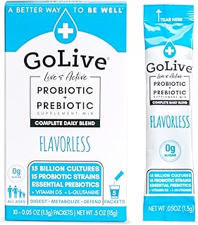 GoLive Probiotics & Prebiotics FLAVORLESS/SUGARLESS Synbiotic Powder, Probiotics + Prebiotics for Women, Men & Kids +15 Billion CFUs, 15 Clinical Strains for Immune & Digestive Health. 5's pack