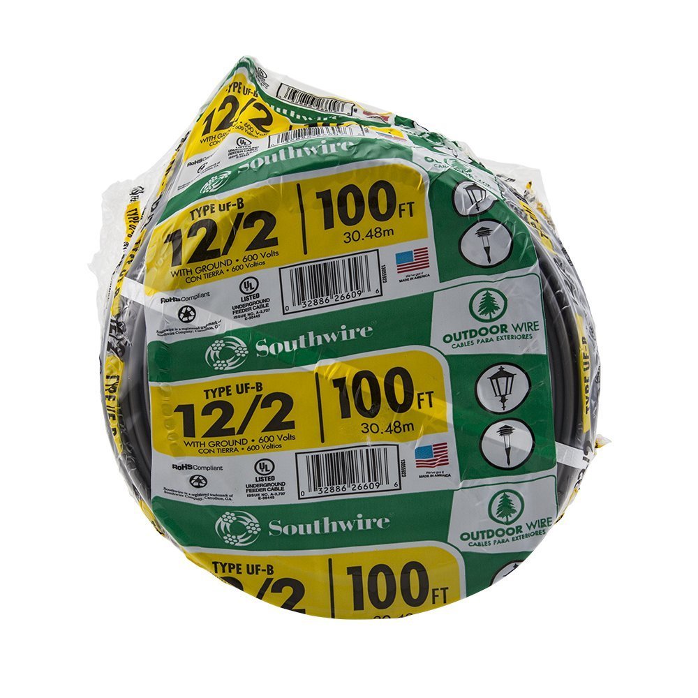 Southwire Outdoor Wire, 12/2WG UF 100 Ft Coil, Approved for Direct Burial Wiring, SW# 13055926