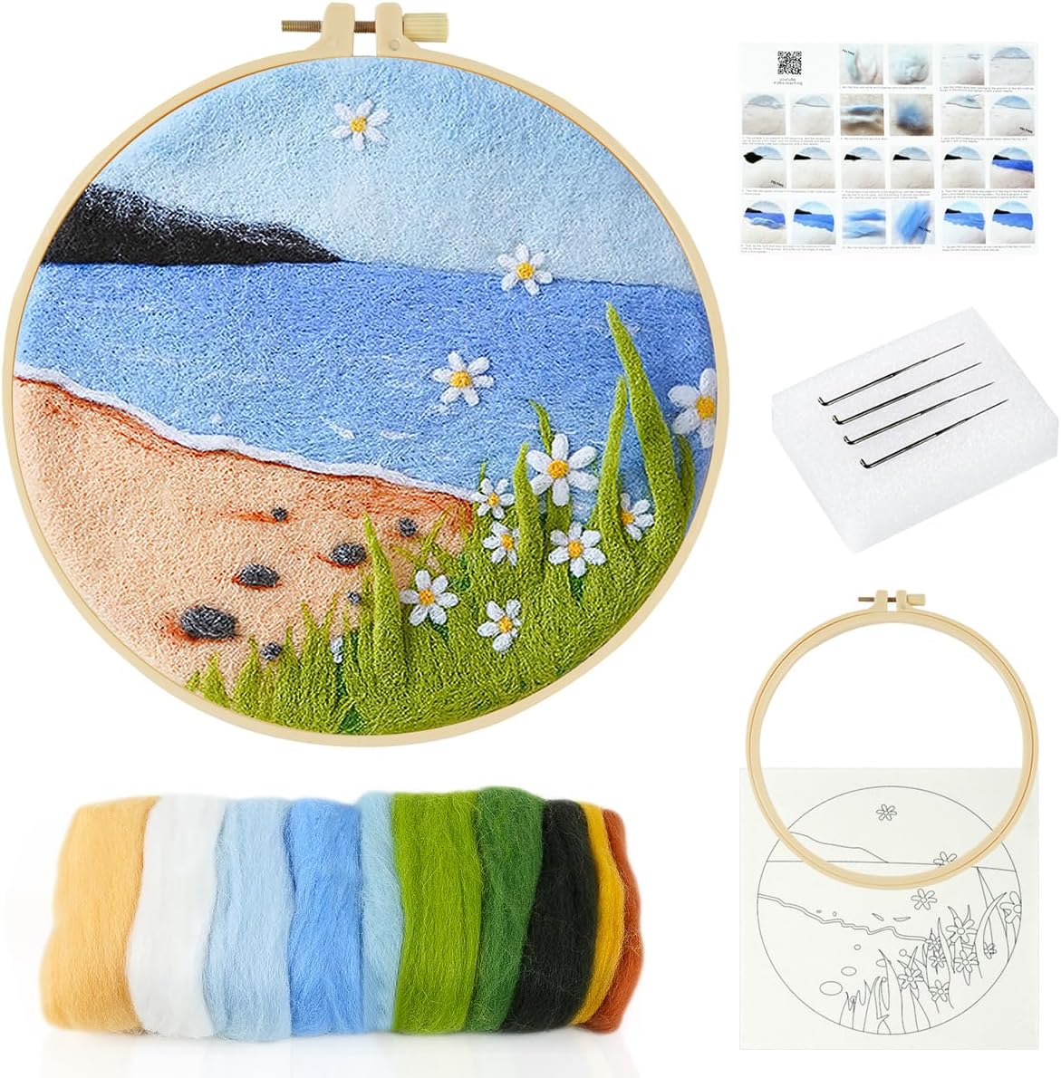 MAMUNU Needle Felting Kit Beginners Adults Wool Painting Felt Wool Felting Kit for Home Decoration DIY Craft, Wool Needle Felt Set with Wool Felt Needle Picture Frame Foam Pad and Instruction