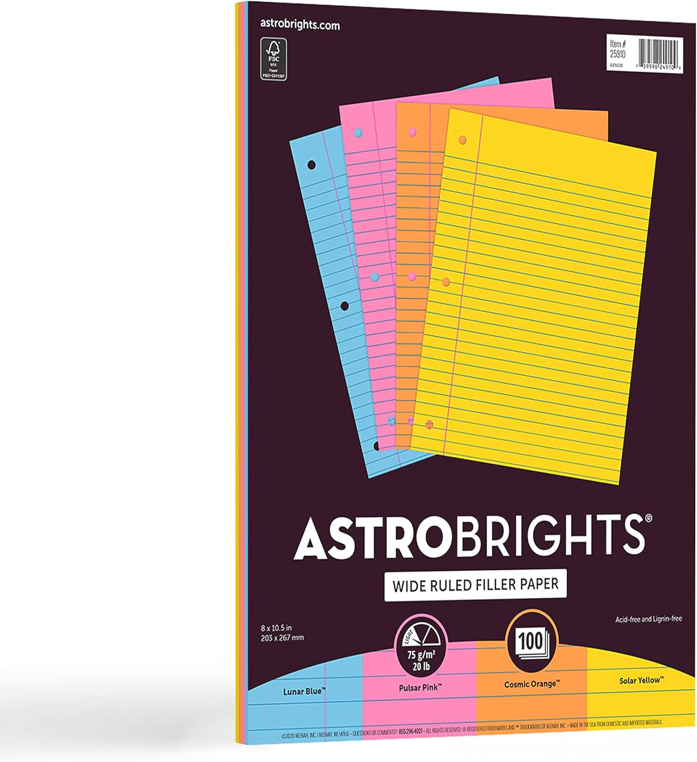 Astrobrights® Filler Paper, 8" x 10 1/2", Wide Ruled, 20 Lb, FSC® Certified, Assorted Colors, Pack Of 100 Sheets