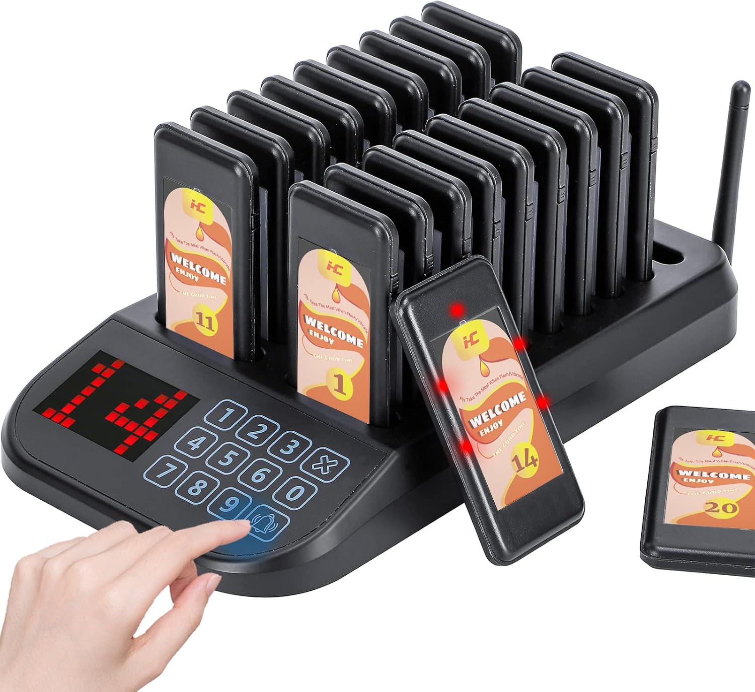 Hanchen Restaurant Pager System Wireless Calling System Social Distancing Buzzer Max 98 Nursery Pager Set Vibration Waiting Buzzers for Food Truck Church Clinic (20 Pagers (Updated Version 2))