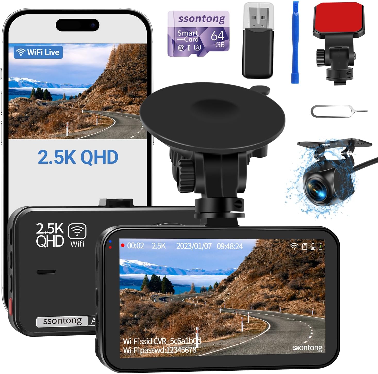 Dash Cam Front and Rear, Dashcam WiFi/APP Control Car Camera Dash Cam W/ 64GB Card, 2.5K Dash Cam Front + 1080P Rear Dash Camera W/Super Night Vision, Loop Recording, G-Sensor, Max Support 256GB