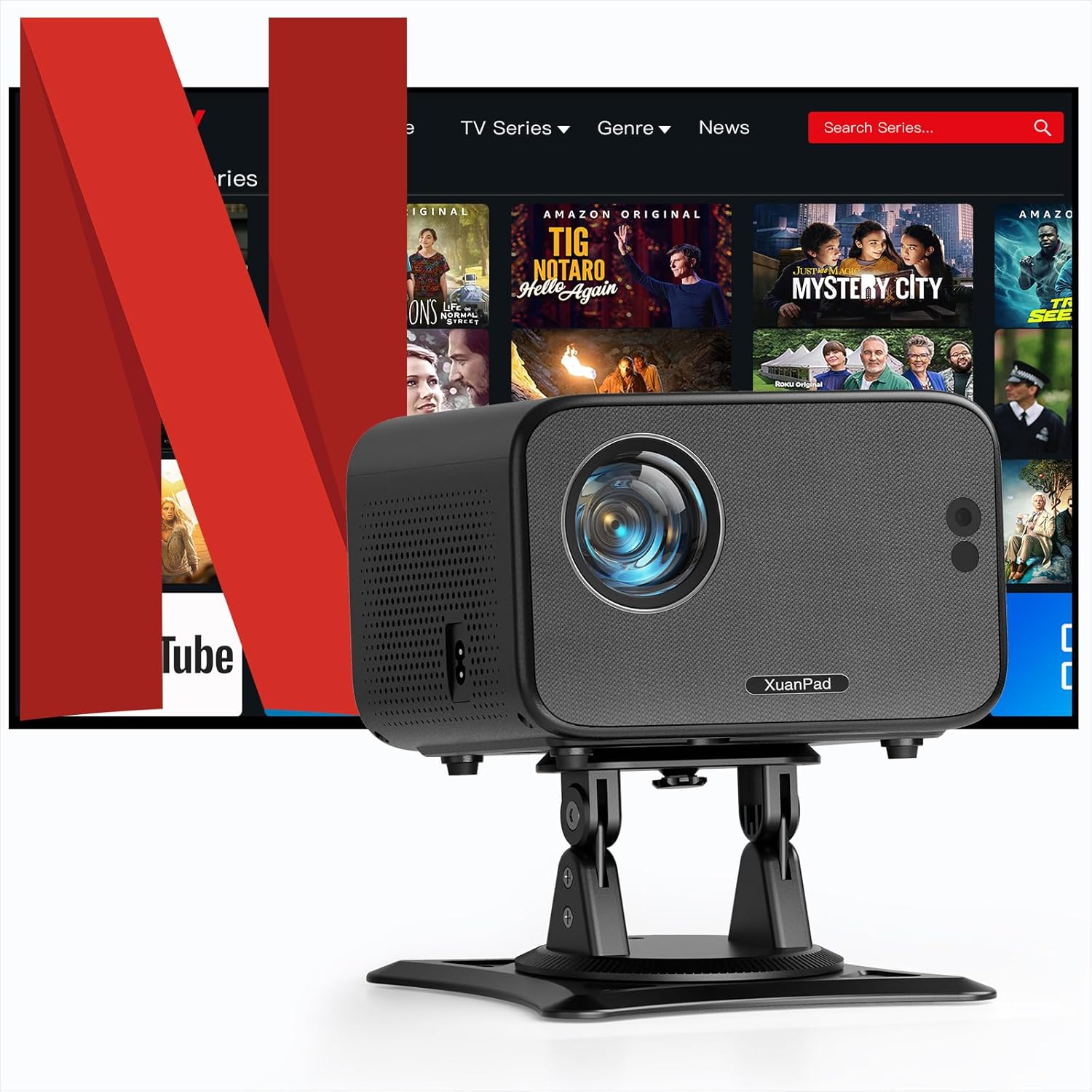 [Official Netflix Certified & Auto Focus] XuanPad Smart Projector Native 1080P, Auto Keystone, 3D Stereo Sound WiFi Bluetooth Projector with 360° Adjustable Stand