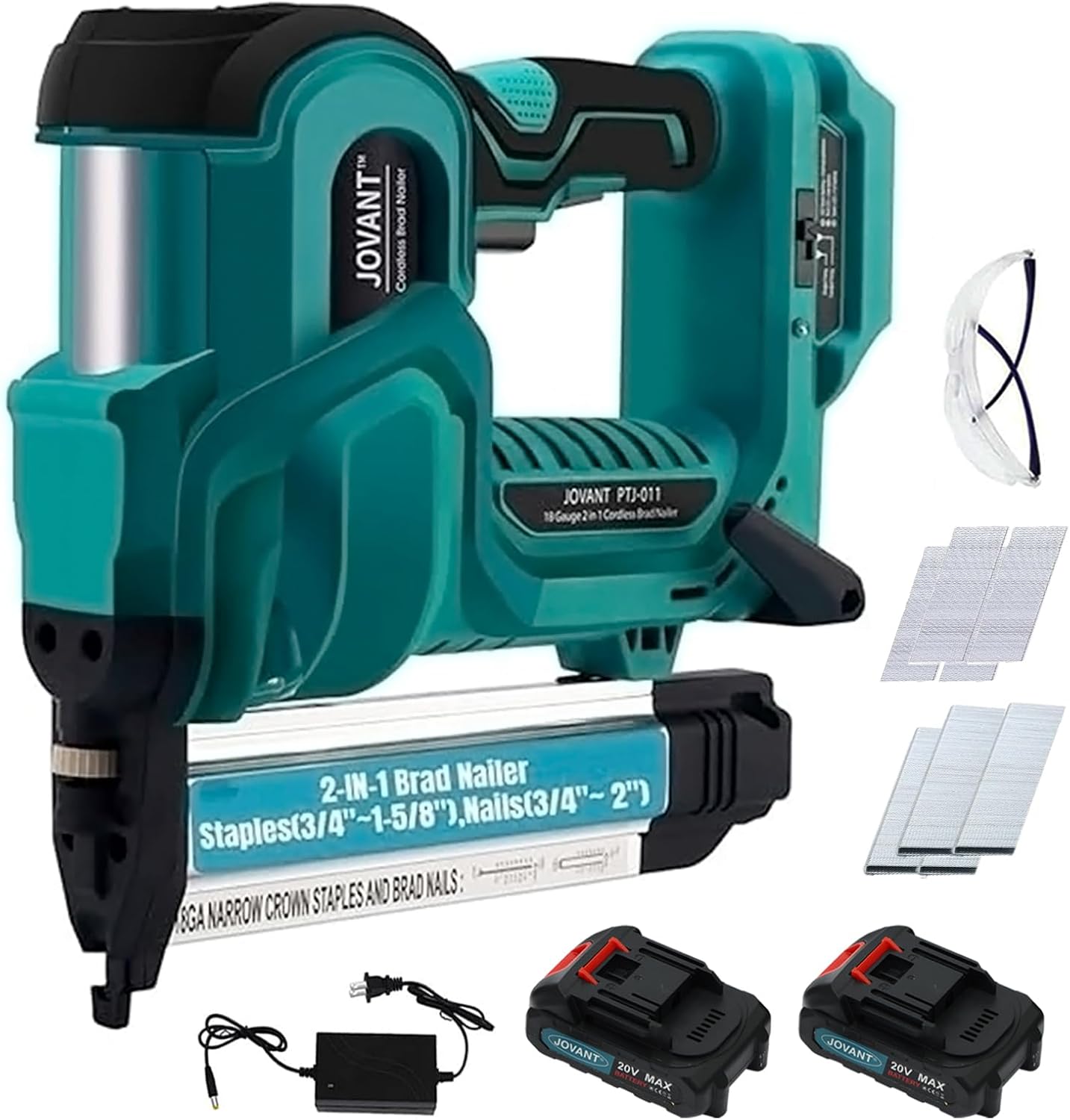 Cordless Brad Nailer with 2-Max Batteries & Charger, 2" Length Nails -18GA 1/4" Narrow Crown Staples,Nail Gun Battery Powered,Staple Gun with 800pcs Staples & Nails(Jovant)