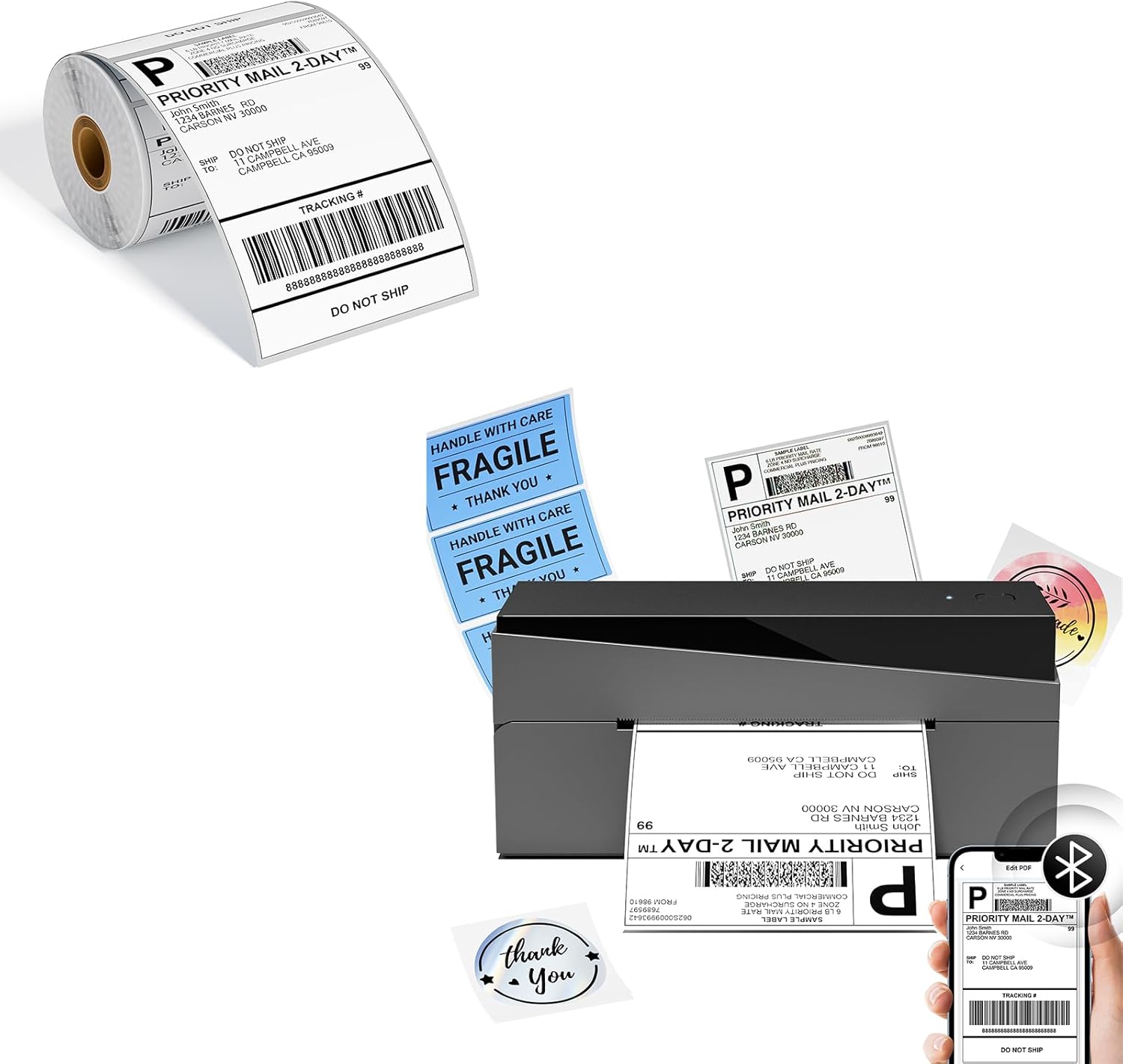 249BT Bluetooth Shipping Label Printer and 250Pcs 4x6 Roll Thermal Labels, Wireless Thermal Label Printer for Small Business