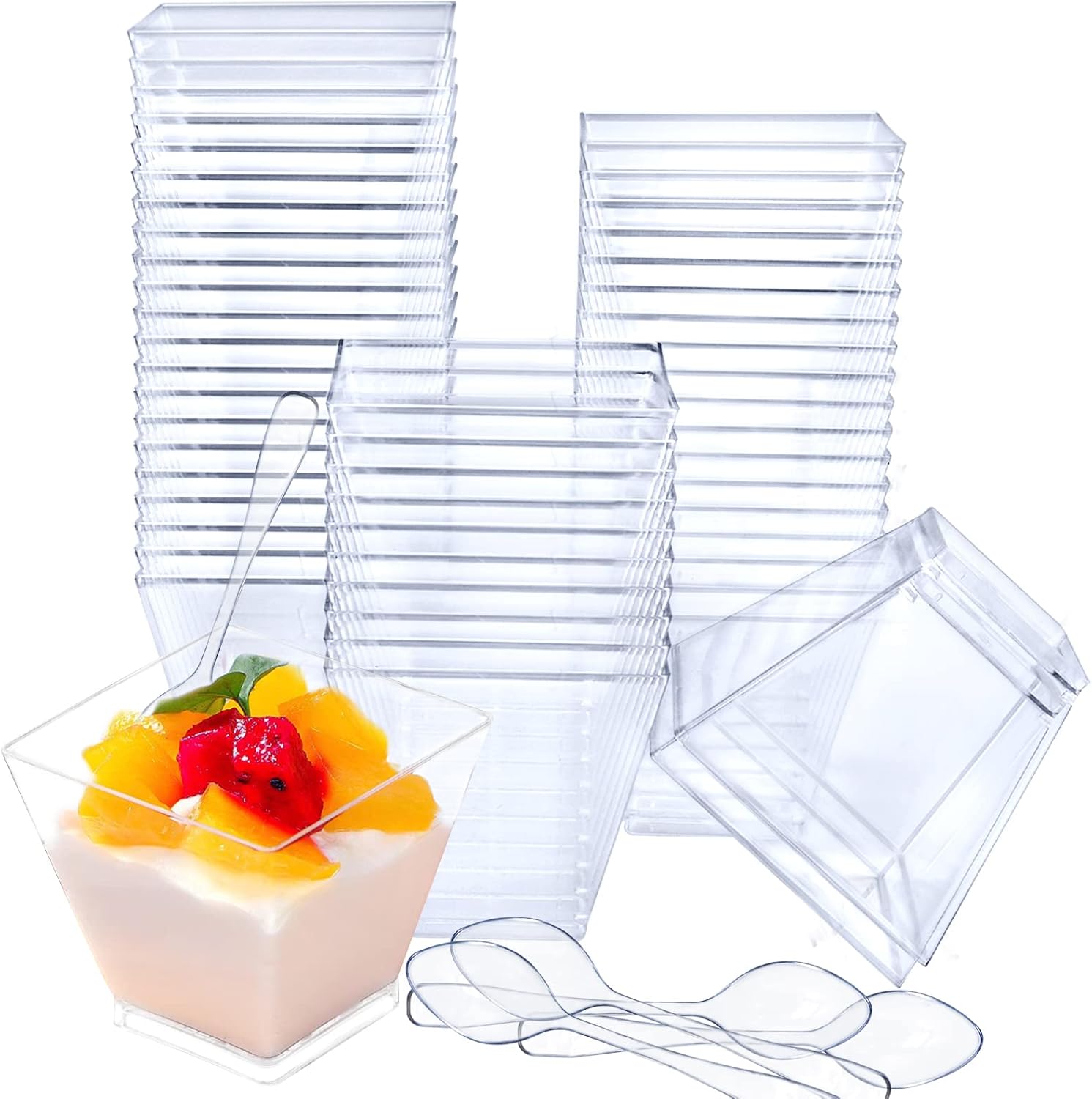 ICEBLUEOR 50 PCS Plastic Dessert Cups with 50 PCS Spoons, 2oz/60ml Mini Dessert Pots, Reusable Square Dessert Cups Serving Bowl for Cheesecake Jelly Pudding Dessert Mousse Ice Cream
