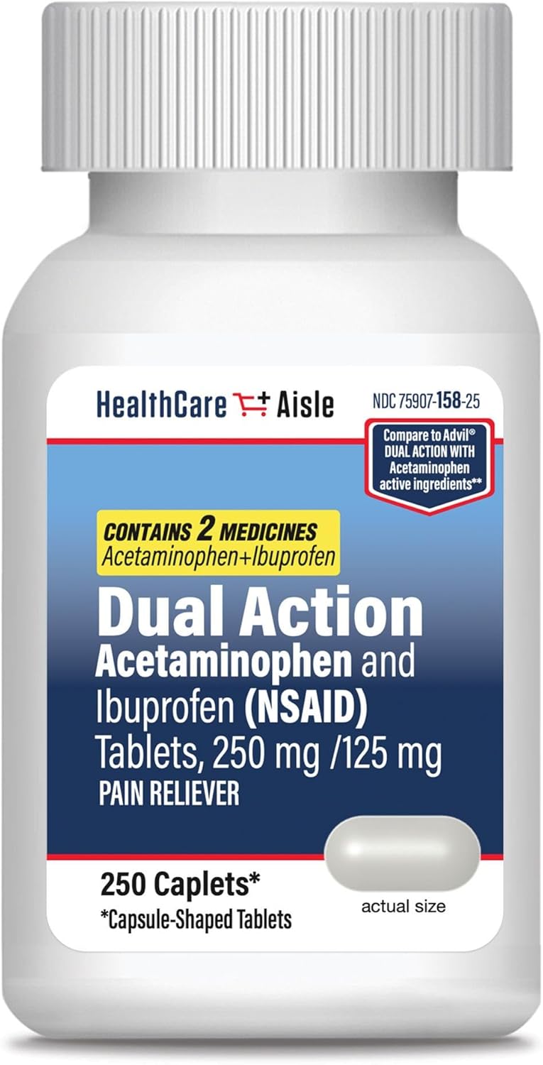 HealthCareAisle Dual Action Acetaminophen and Ibuprofen (NSAID) Tablets, 250 mg /125 mg Pain Reliever - 250ct Caplets