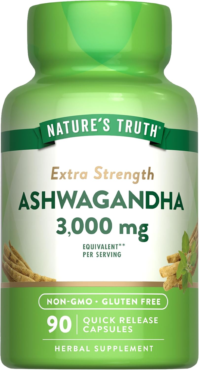 Nature's Truth Ashwagandha Capsules | 3000mg | 90 Count | Extra Strength | Ashwagandha Root Supplement with Black Pepper | Non-GMO & Gluten Free Supplement