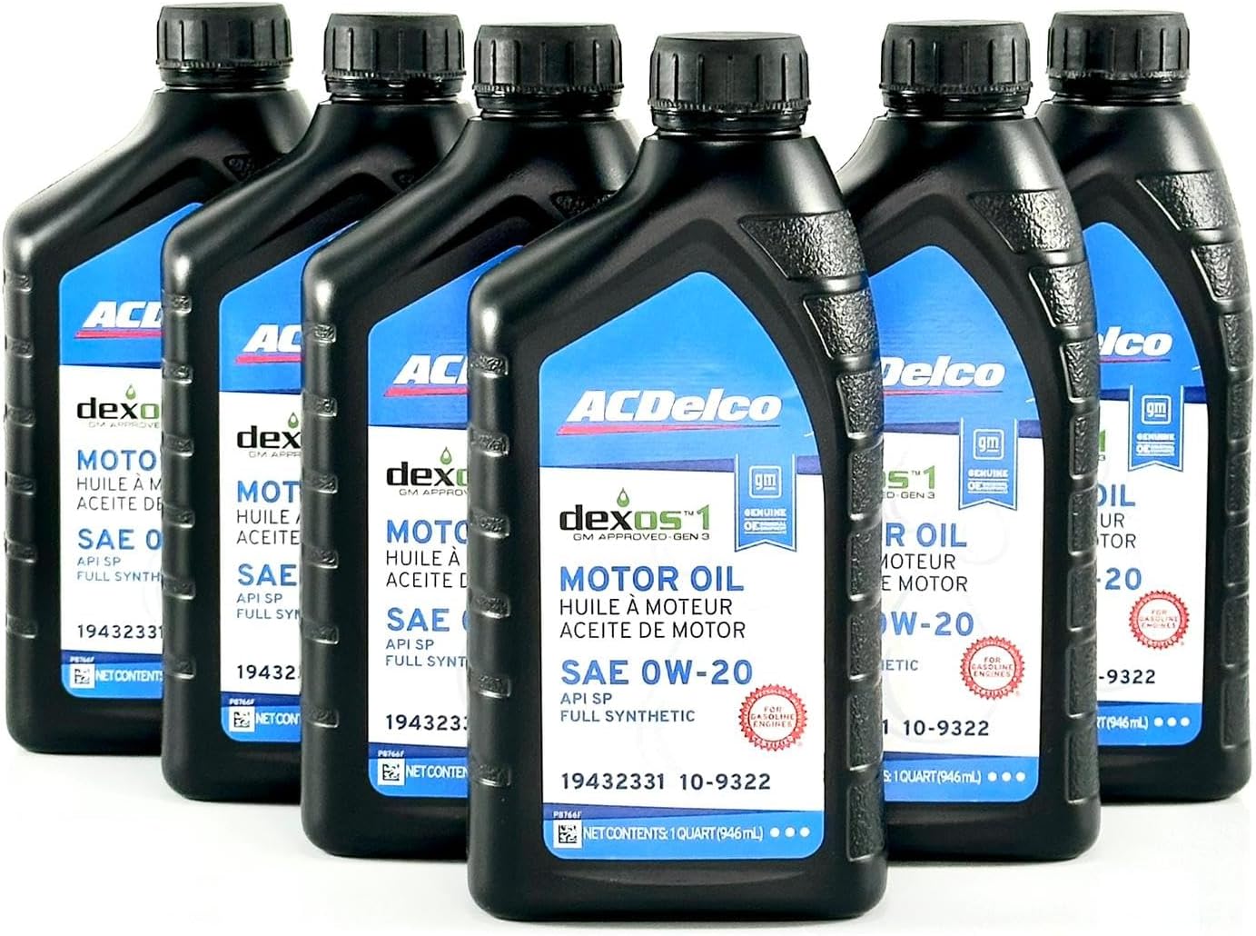 ACDelco 10-9322 19432331 dexos1 GEN 3 Full Synthetic 0W-20 Motor Oil - For 5.3L L82/L84 & 6.2L L87 | Case of 6 Quarts