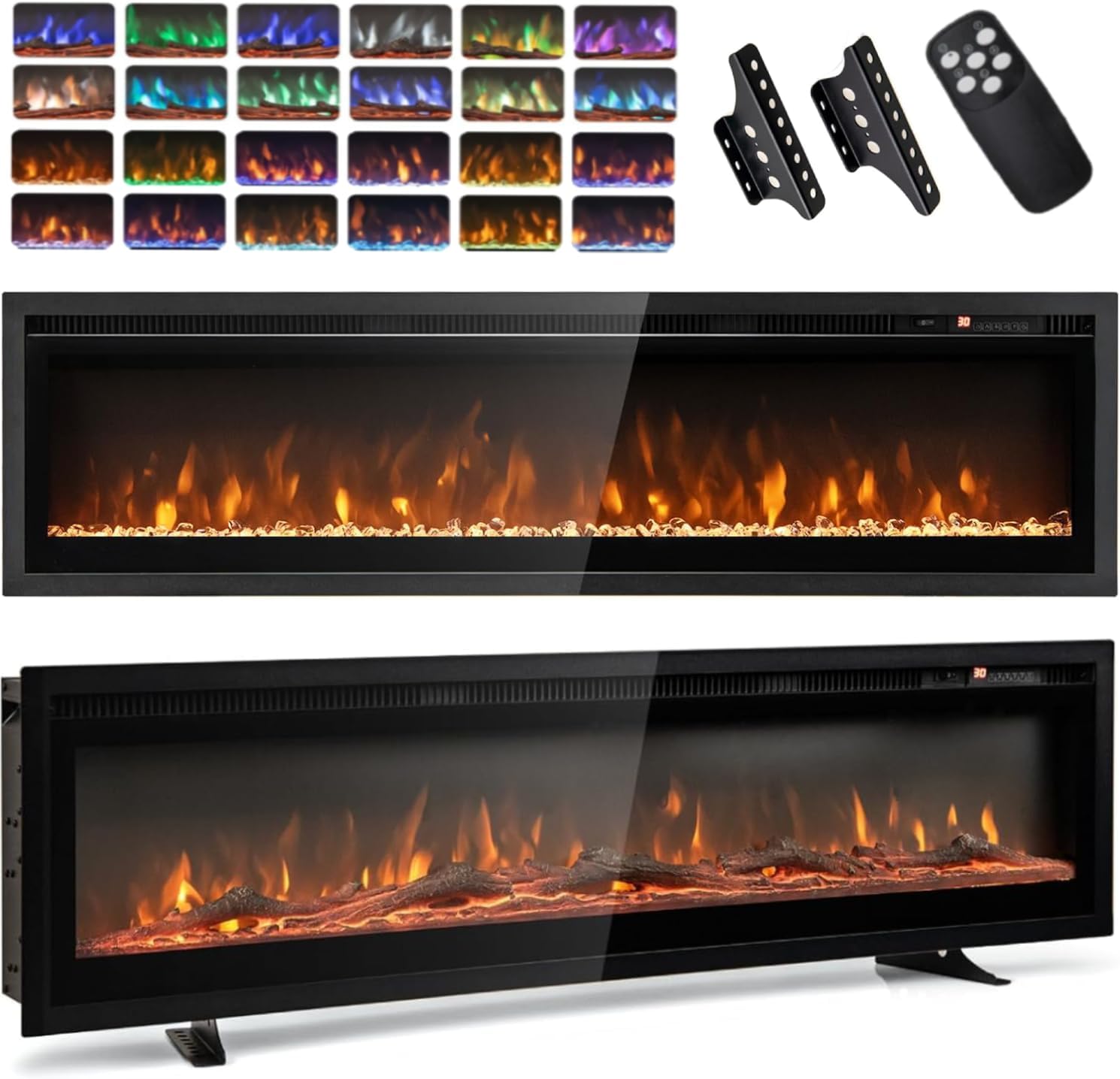 TANGZON Electric Fireplace, Freestanding Wall Mounted Fireplace Heater Insert with 12 Flame Colors, 5 Flame Brightness, 8H Timer, Remote Control, 750W or 1500W, Crystal & Log Set (127 x 14.2 x 34.1cm)