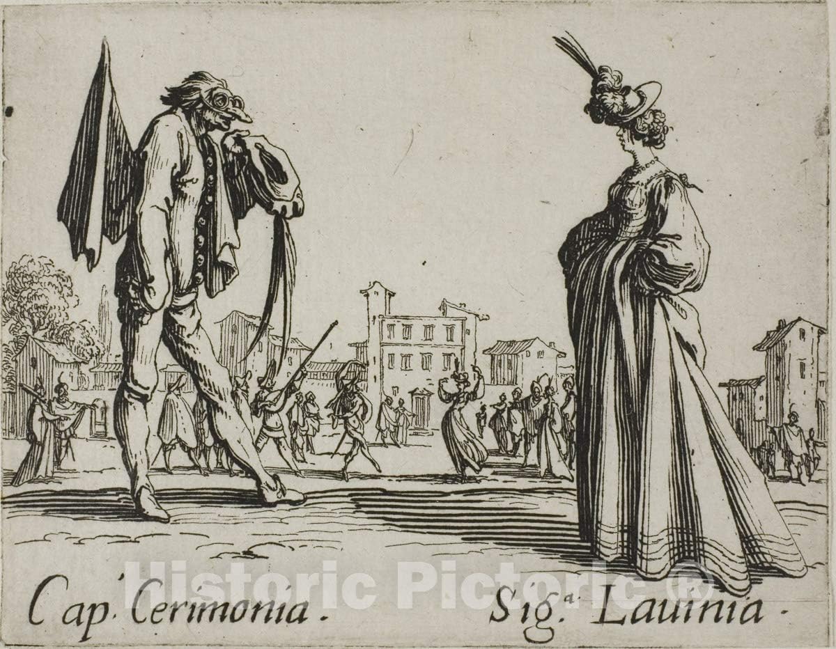 Historic Pictoric Print : Smaraolo Cornuto and Ratsa di Boio, ROM Balli di Sfessania, Jacques Callot, c.1622, Vintage Wall Decor : 10in x 08in