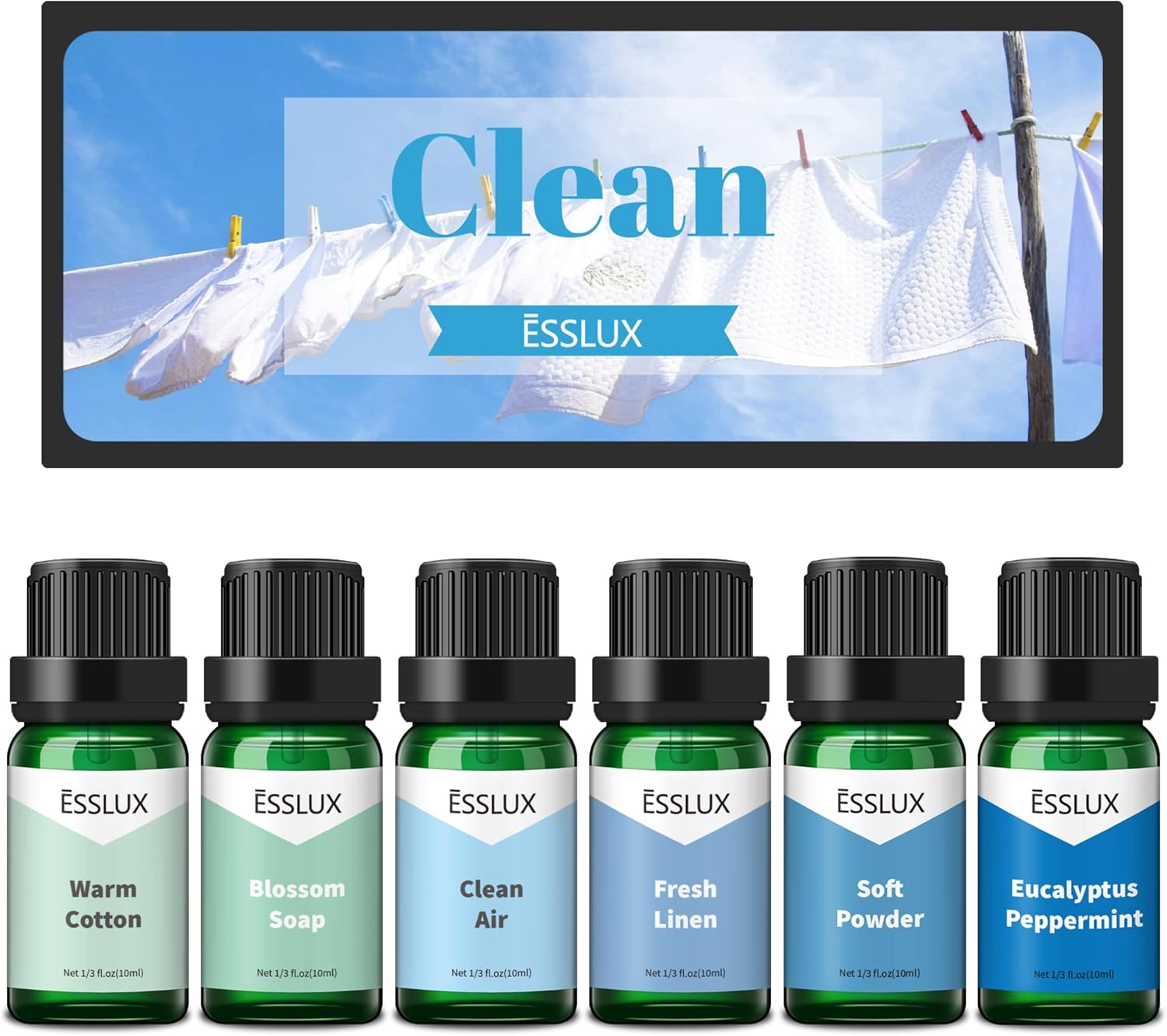 Clean Fragrance Oil, ESSLUX Essential Scented Oils for Diffuser for Home, Premium Soap Candle Making Scents, Aromatherapy Oils Collection for Laundry, Humidifiers, Fresh Scents for Spring Summer