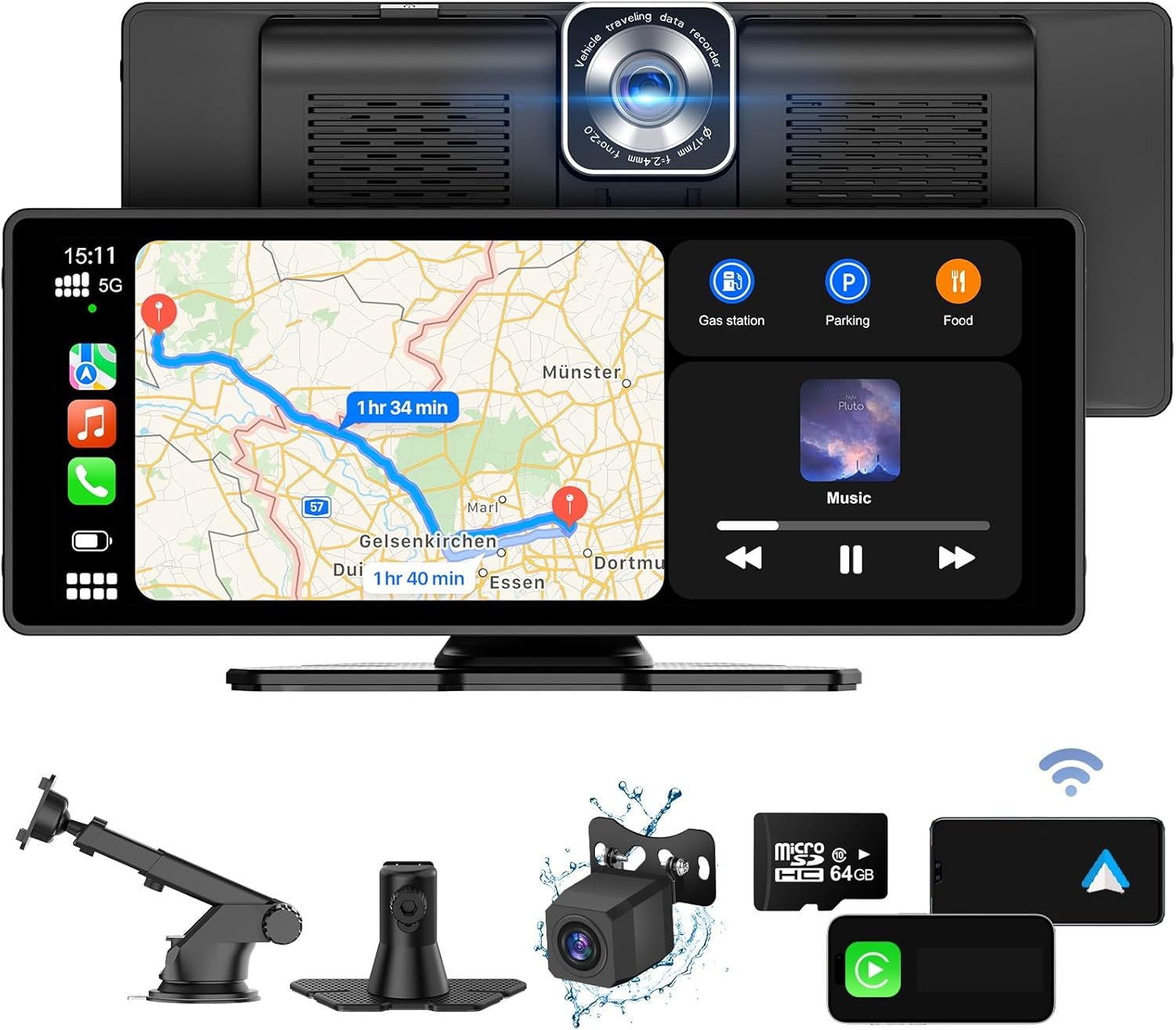 Apple Carplay Screen for Car, 9.3'' Portable Apple Carplay & Android Auto, Car Audio Receivers with 2.5K HD Dash Cam, 1080p Backup Camera, Voice Control, Mirror Link, Bluetooth, GPS Navigation