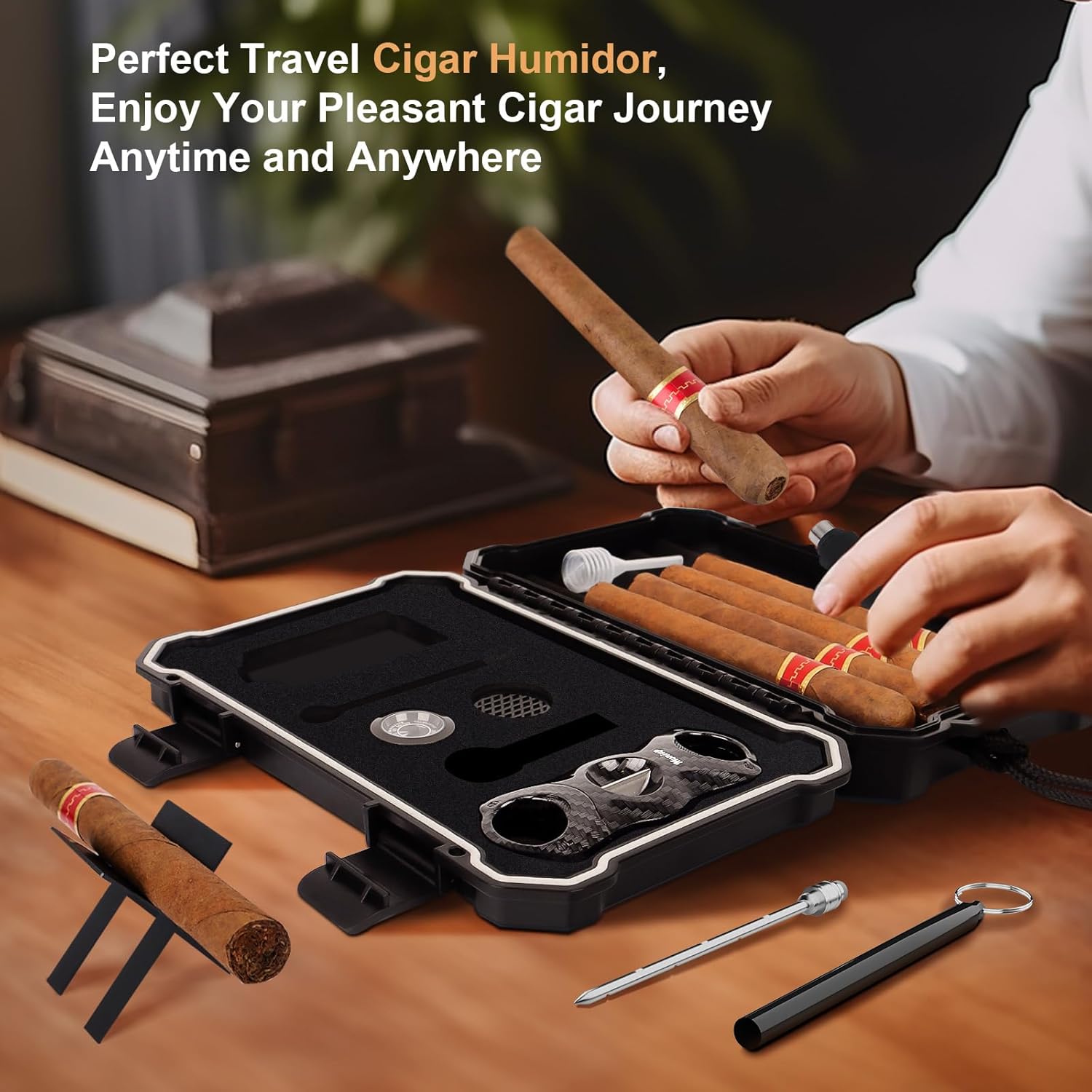 Travel Cigar Humidor Box Set with Cigar V Cutter, Cigar Punch, Cigar Holder, Cigar Drawer Enhancer, Humidifier & Hygrometer, Portable Outdoor Cigar Case with Cigar Accessories Kit, Cigar Gifts for Men