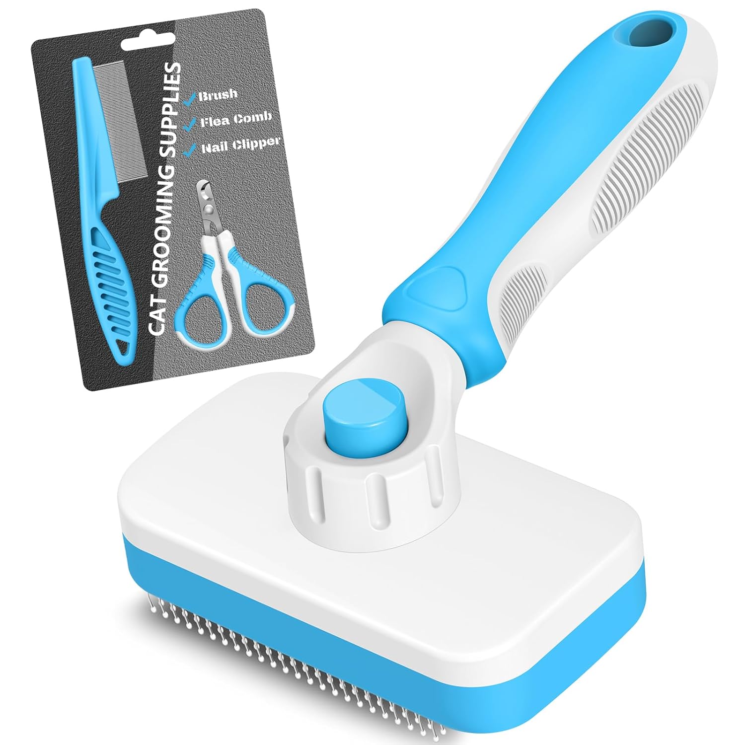 Comotech 3PCS Cat Grooming Supplies,Cat Brush & Nail Clipper/Trimmer & Flea Comb for Shedding Indoor Cats Dogs and Small Animals - Meet All Your Pet's Daily Grooming Needs - All in One Set (Blue)