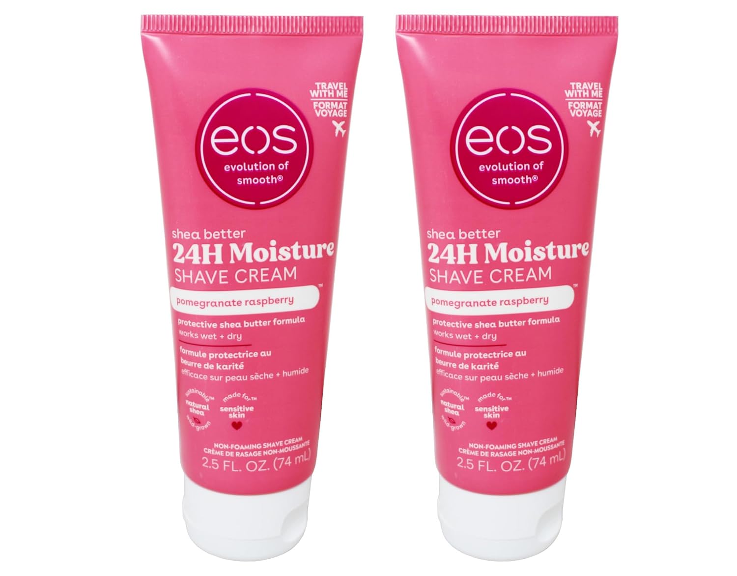 EOS Shea Better 24-Hour Moisture Non-Foaming Travel Size Shave Cream, Pomegranate Raspberry, Works Wet and Dry, Sensitive Skin, Natural Shea, 2.5 oz (Pack of 2)