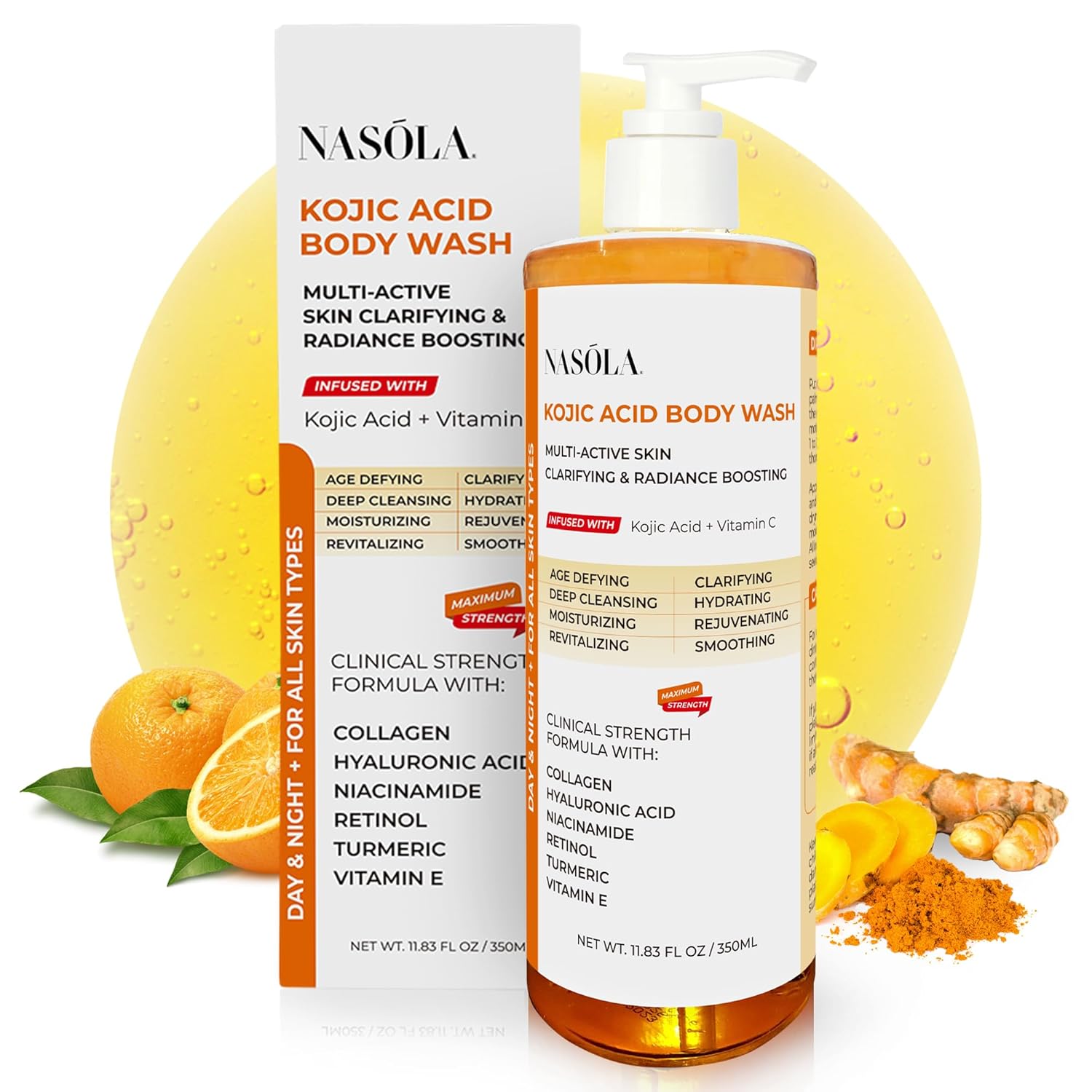 Nasola Kojic Acid Body Wash – Turmeric & Vitamin C Brightening Cleanser, Moisturizing Exfoliating Shower Gel for Women & Men – 11.8 fl oz