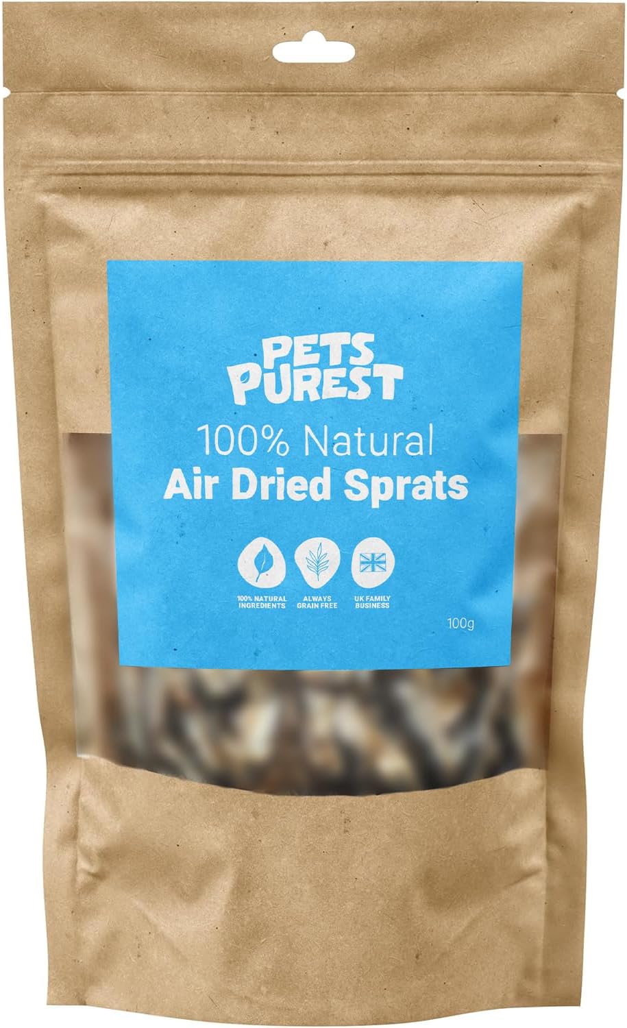Pets Purest Sprats Dog Treats & Cat Snack - 100% Natural Air-Dried Fish Treat for Dogs, Puppy, Cats, Kitten & Senior. Pure Healthy Grain, Gluten & Lactose Free Hypoallergenic Raw Pet Food (100g)