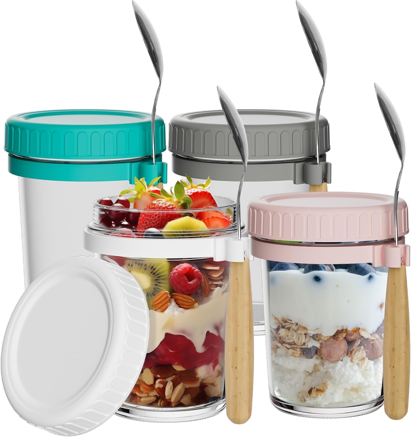 4 Pack Overnight Oats Jars with Lids and Spoon, 350ml Airtight Breakfast Jars with Measurement Marks, 12oz Overnight Chia Seed Pudding Container for Salads, Cereal, Milk, Porridge, Fruit, Yogurt