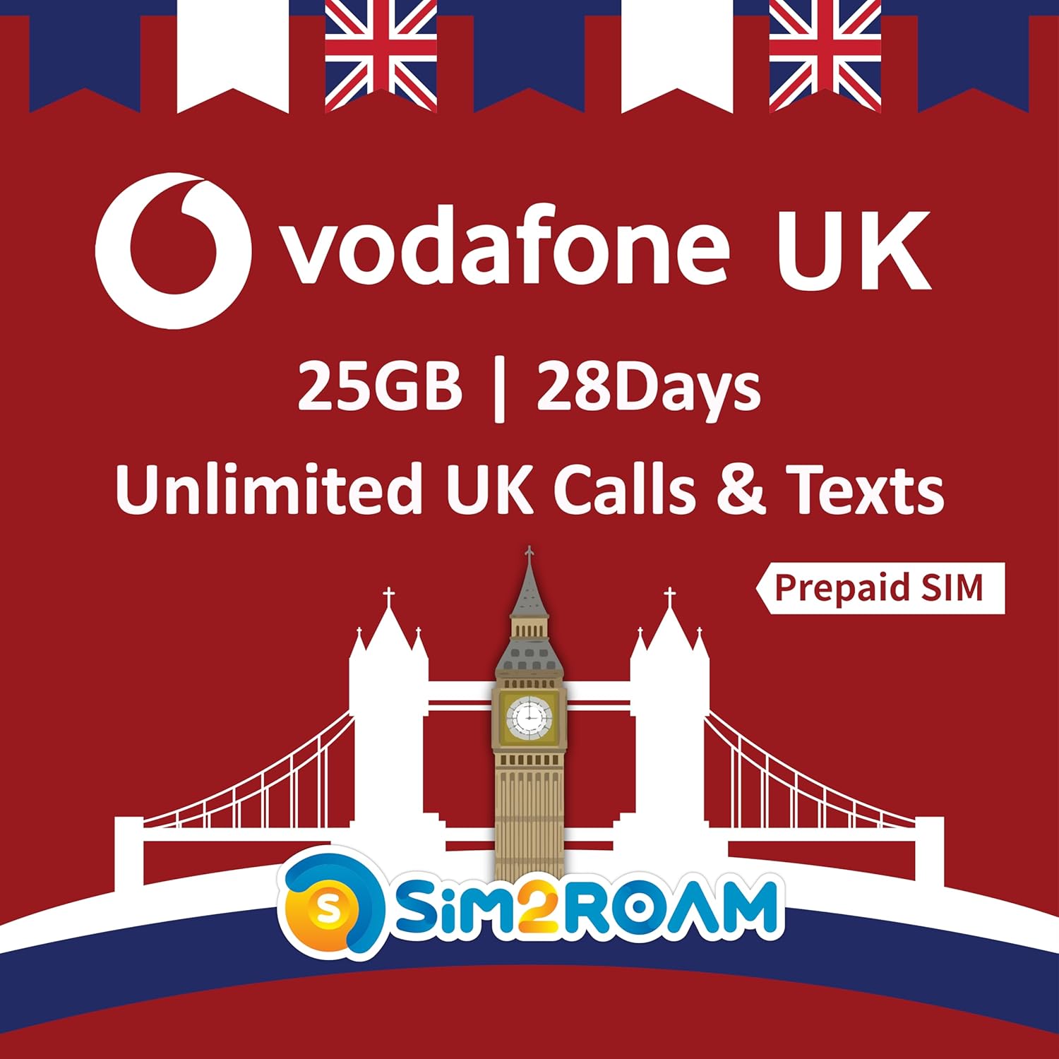 UK Sim Card (Uses Vodafone Network) | 25GB 4G LTE high-Speed Data | Unlimited UK Minutes & Texts | United Kingdom Sim Card