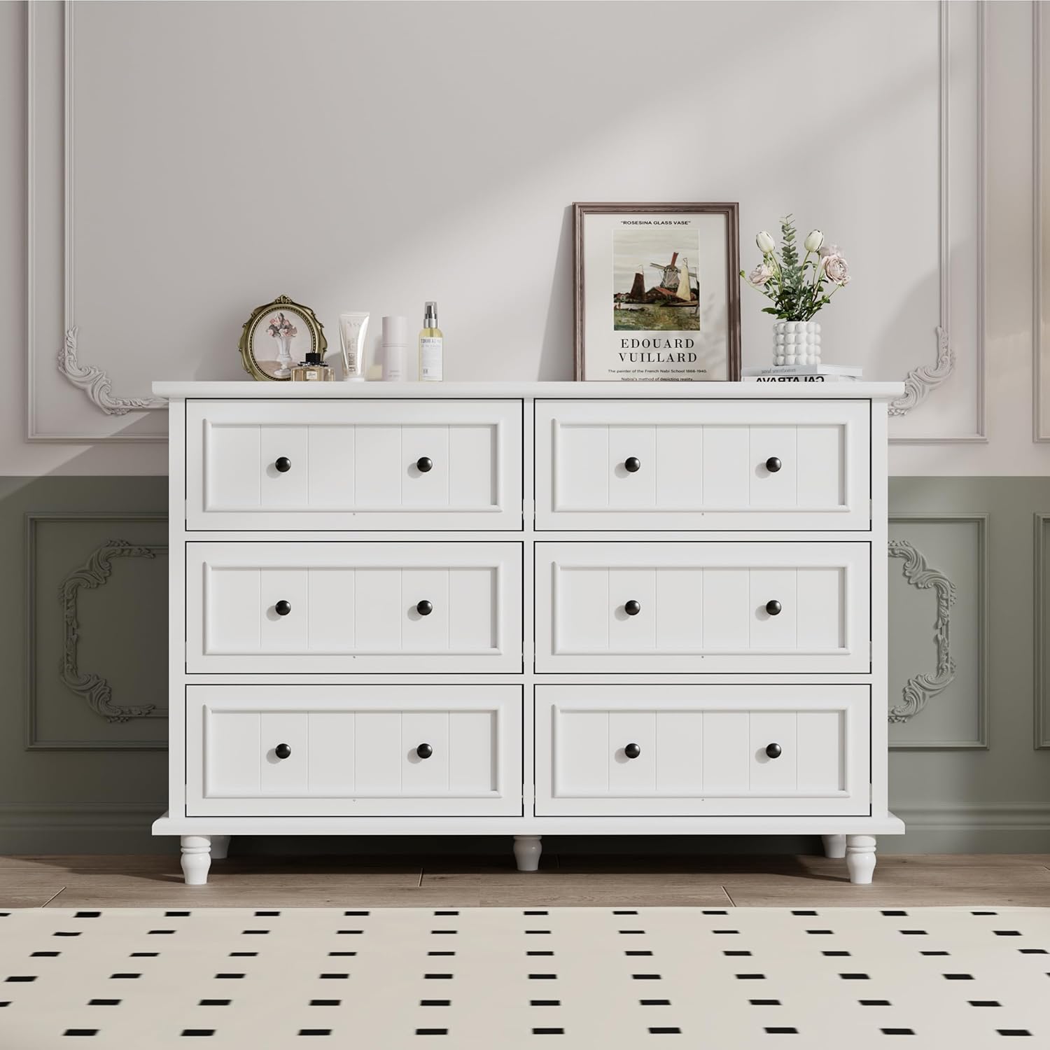 Scurrty 6 Drawer Dresser, Antique Chest of Drawers,Large Cabinet with Storage, Big Dresser for Clothes in Bedroom, Living Room (White)