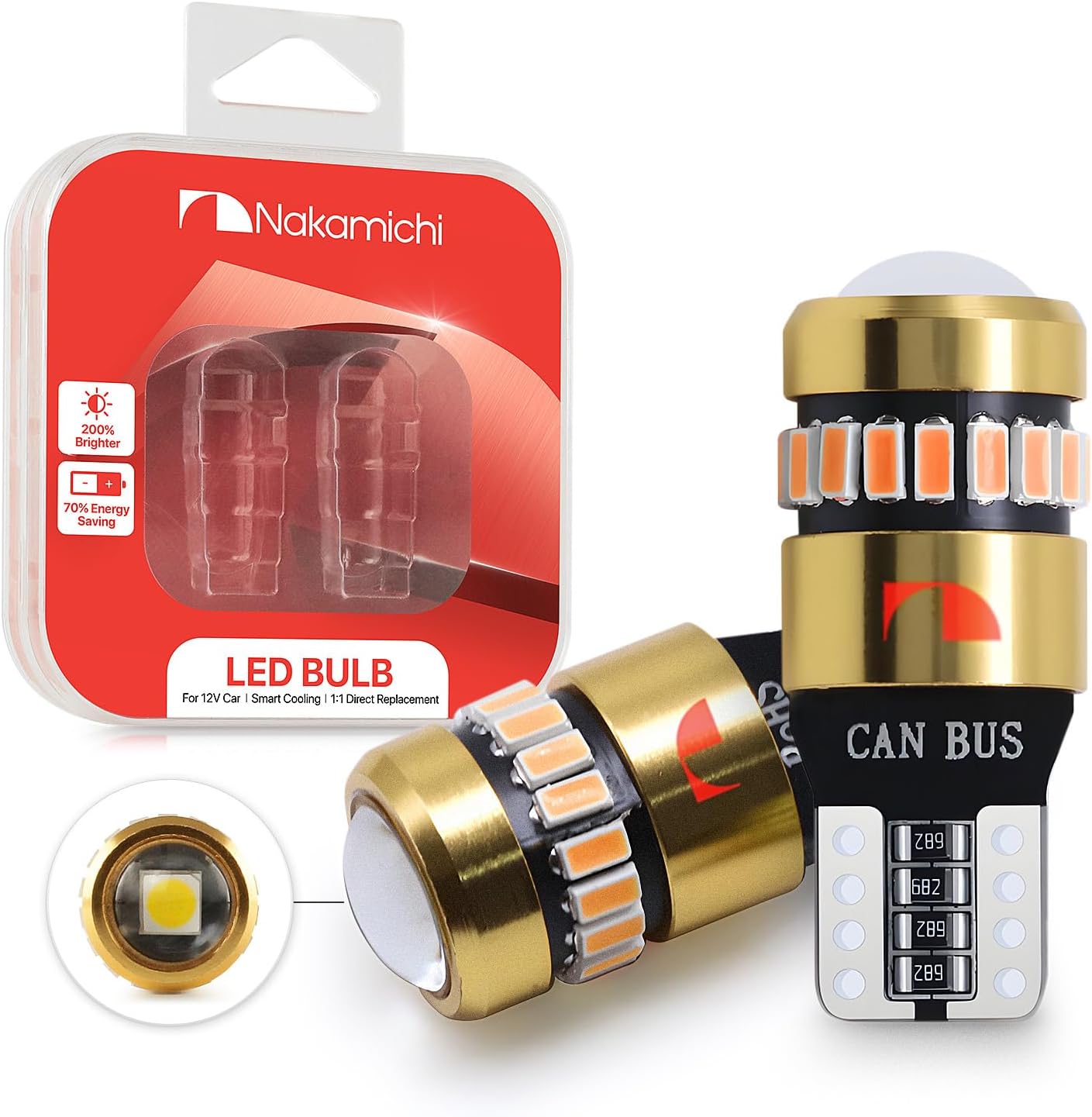 Nakamichi T10 LED Light Bulb 168 2825 194 W5W Wedge 18+1 SMD 3014 Chip LED Replacement Bulbs Error Free for Car Interior Dome Map Door License Courtesy Dash Lights (Xenon White, 19 LEDs, Pack of 2)