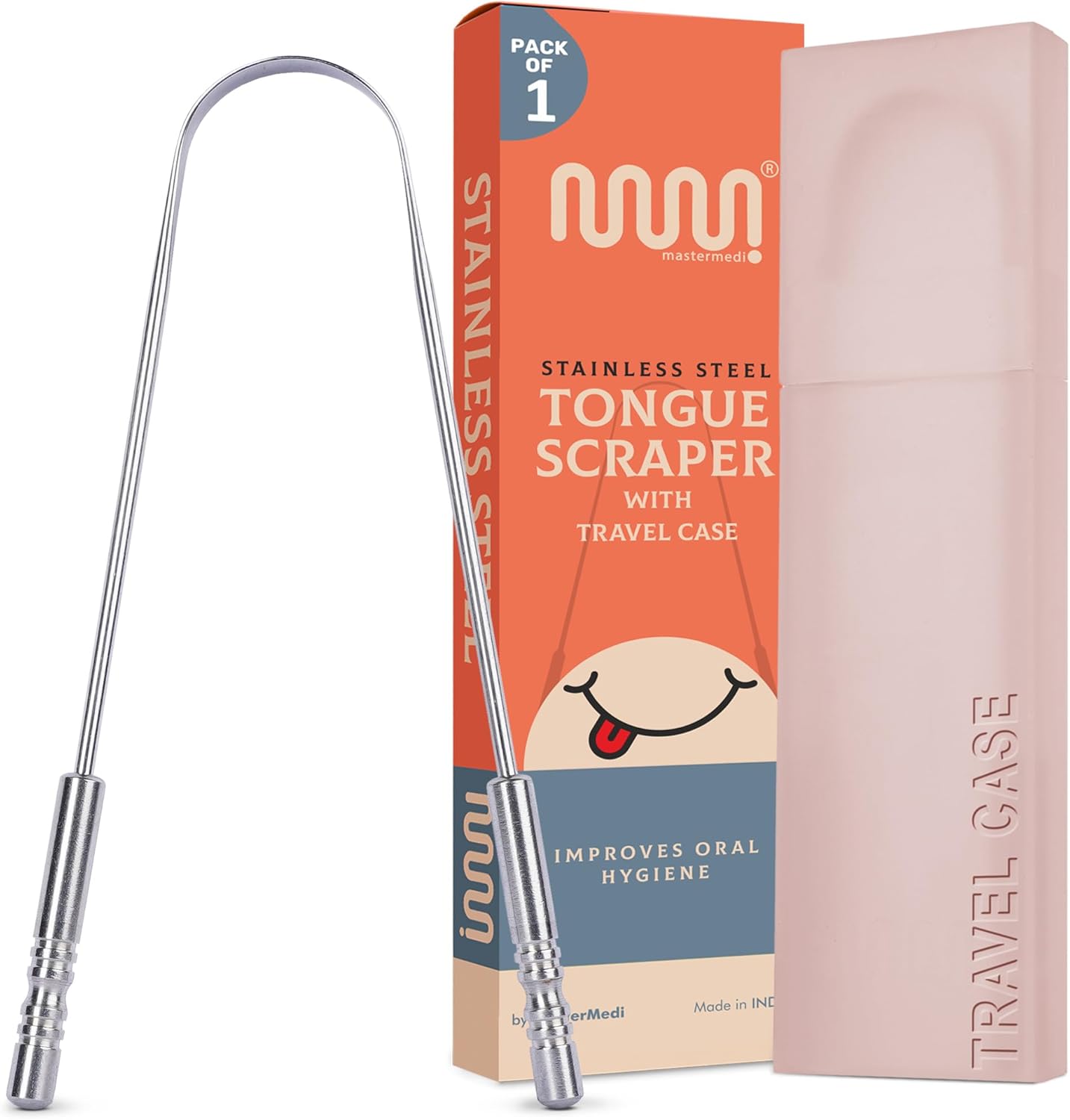 MasterMedi Tongue Scraper with Travel Case 1 Pack, Bad Breath Treatment Tongue Scraper for Adults & Kids, Stainless Steel Metal Tongue Scraper, Easy to Use Tongue Cleaner for Hygiene and Self Care