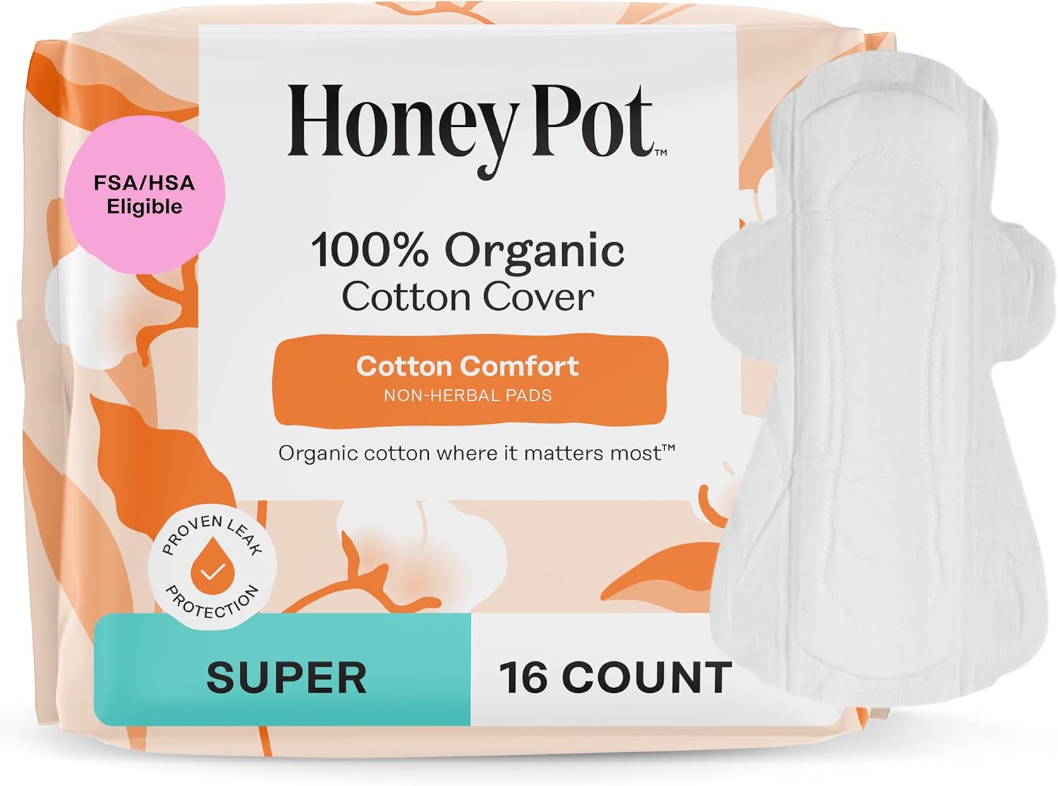The Honey Pot Company, Non-Herbal Pads with Wings, Organic Super, 16 Count