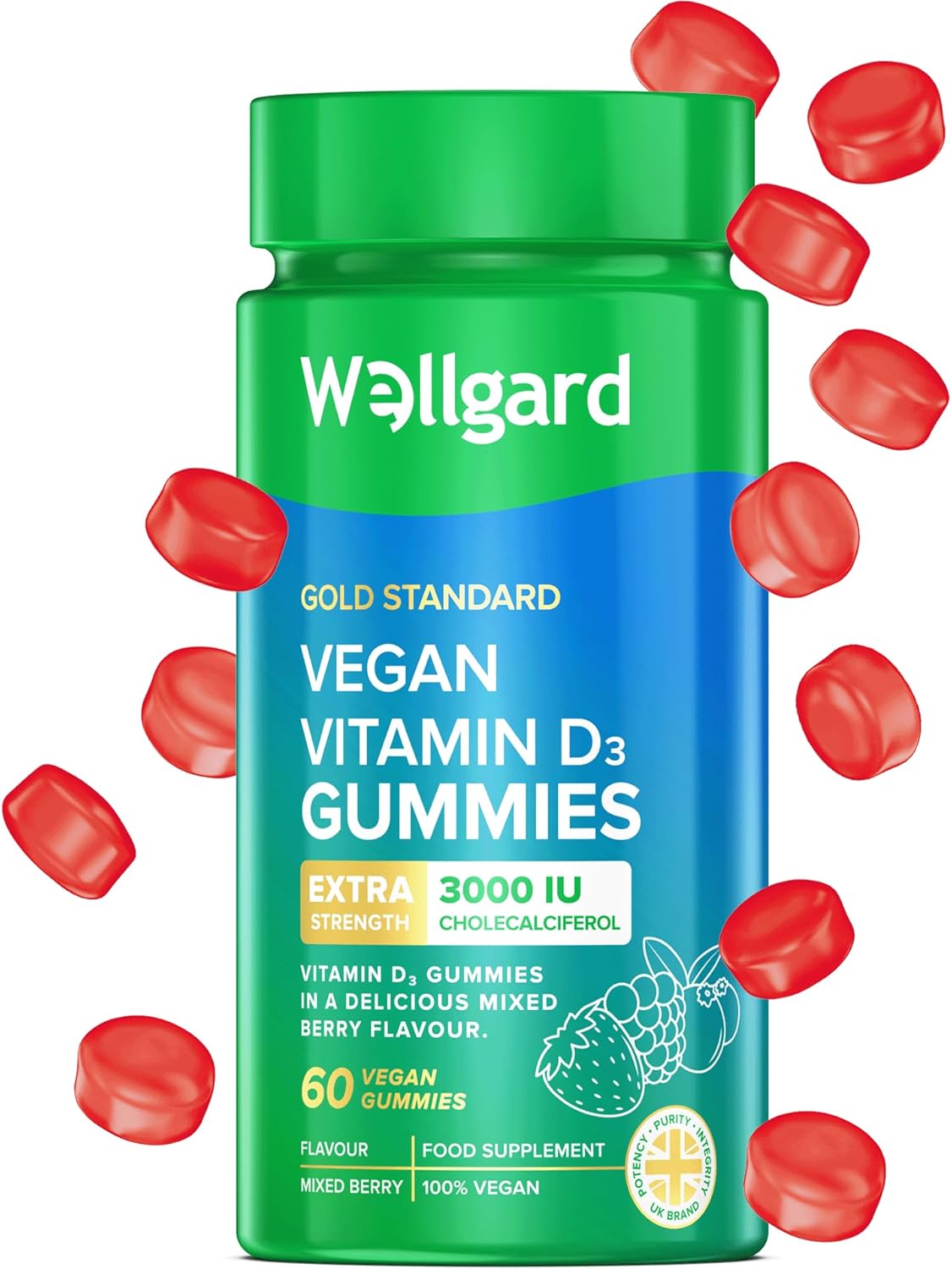 Wellgard High Strength Vitamin D3 Gummies 3000 IU - 60 Vegan Immunity Vitamin D Gummies Adults, Chewable Vitamin D, Mixed Berry Flavour