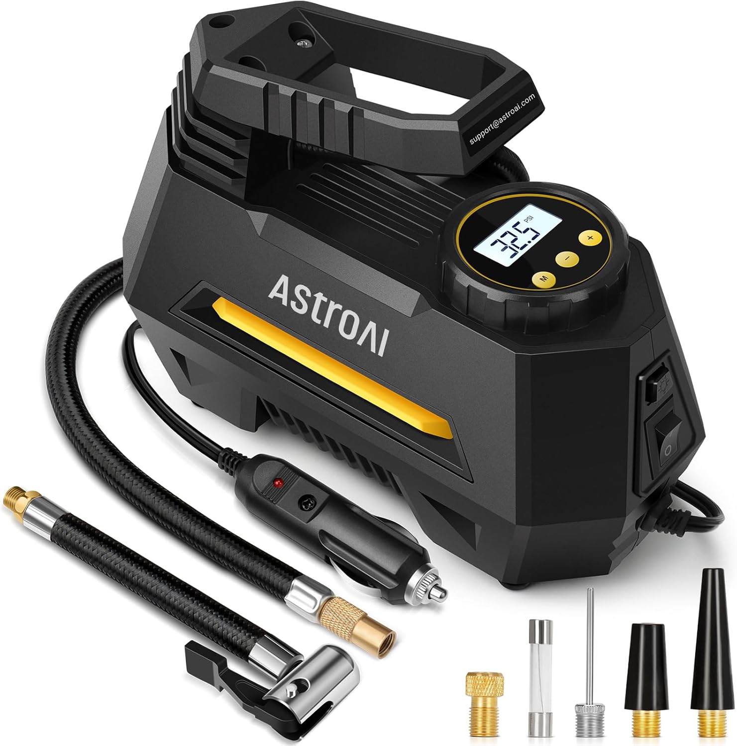 AstroAI Tyre Inflator Air Compressor 12V DC, 35LPM 100W Powerful Portable Car Tyre Pump Auto-Stop with Digital Pressure Gauge, 4 Valve Adaptors and LED Light, Car Accessories