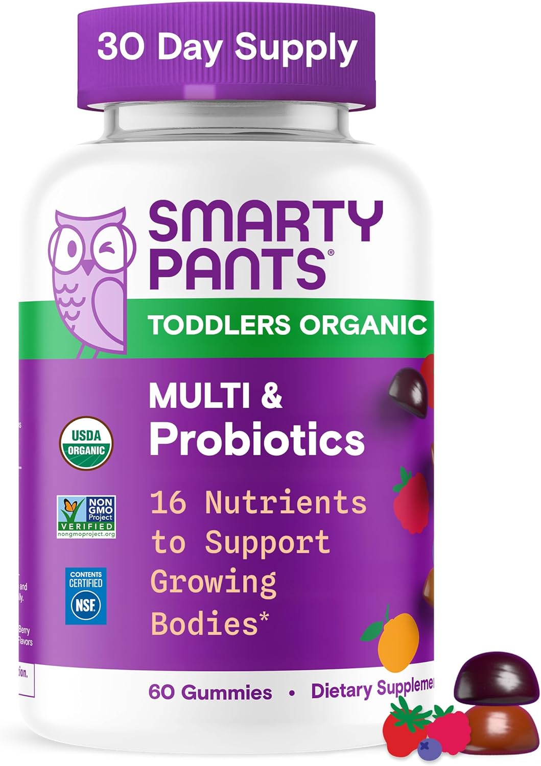 SmartyPants Organic Toddler Multivitamin Gummies: Probiotics, Omega 3 (ALA), Vitamin D3, C, Vitamin B12, B6, A, K & Zinc, Beta Carotene, Gluten Free, Three Fruit Flavors, 60 Count (30 Day Supply)
