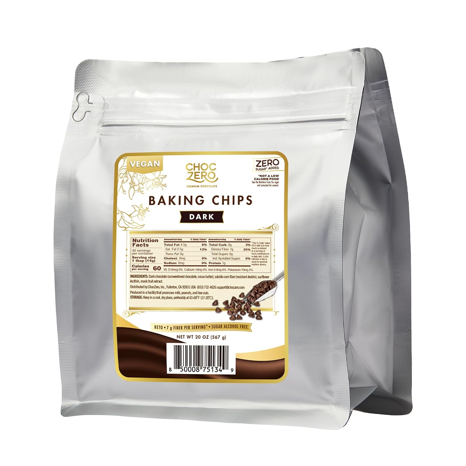 ChocZero Sugar Free Chocolate Chips, Dark Chocolate, Vegan, 20 oz Bag