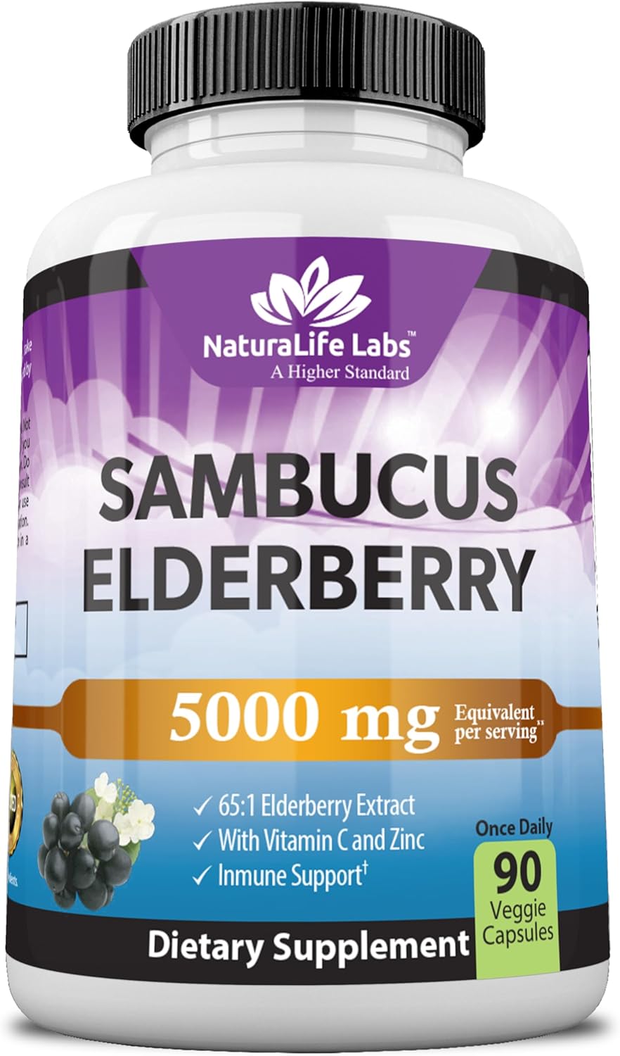 NaturaLife Labs Sambucus Elderberry 5,000 mg Equivalent (65:1 Extract) with Vitamin C & Zinc - 90 Capsules - Vegan, Gluten Free, Non-GMO