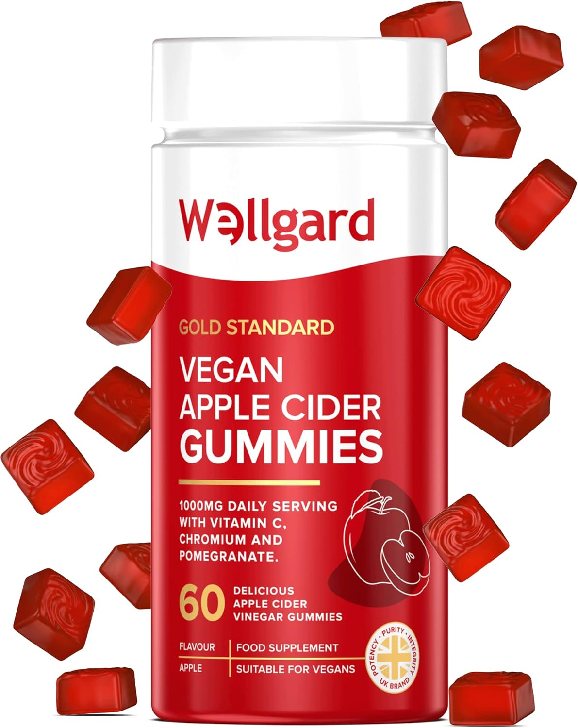 Wellgard Vegan Apple Cider Vinegar Gummies, Gold Standard 1000mg ACV Gummies with Vitamin C, Chromium and Pomegranate, Non-GMO, Gluten-Free & Gelatine-Free