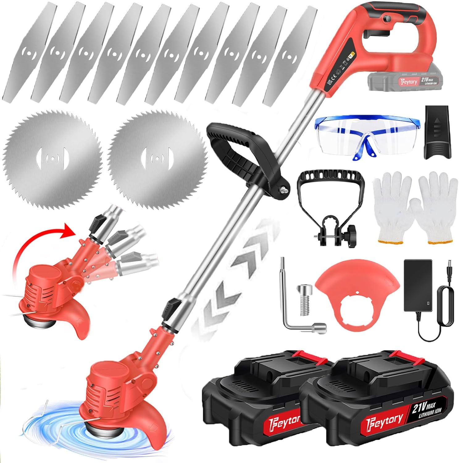 21V Cordless Strimmer, Telescopic Grass Trimmer with 10,000 RPM, 10xMetal Blades, 2 x 1500mAh Upgrade Battery, Electric Garden Strimmer Grass Cutter for Your Garden and Lawn Care Needs