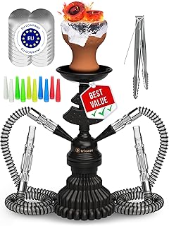 Portable Hookah set with everything - Hookah Set 2 Hose Hookah – LilOne 12” Black Mini Hookah 2 Hose Hookah Set with 50x Foil Hookah Bowl 10x Tips 2x Mouthpiece 2x Hookah Hose Tongs Hookah Kit