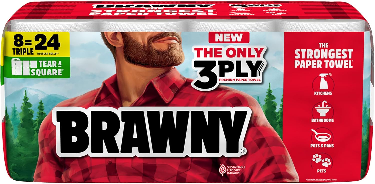 Brawny Tear-A-Square 3-Ply Paper Towels, 8 Triple Rolls = 24 Regular Rolls, Strong, Absorbent, and Durable with 3 Sheet Sizes (Quarter, Half, Full)