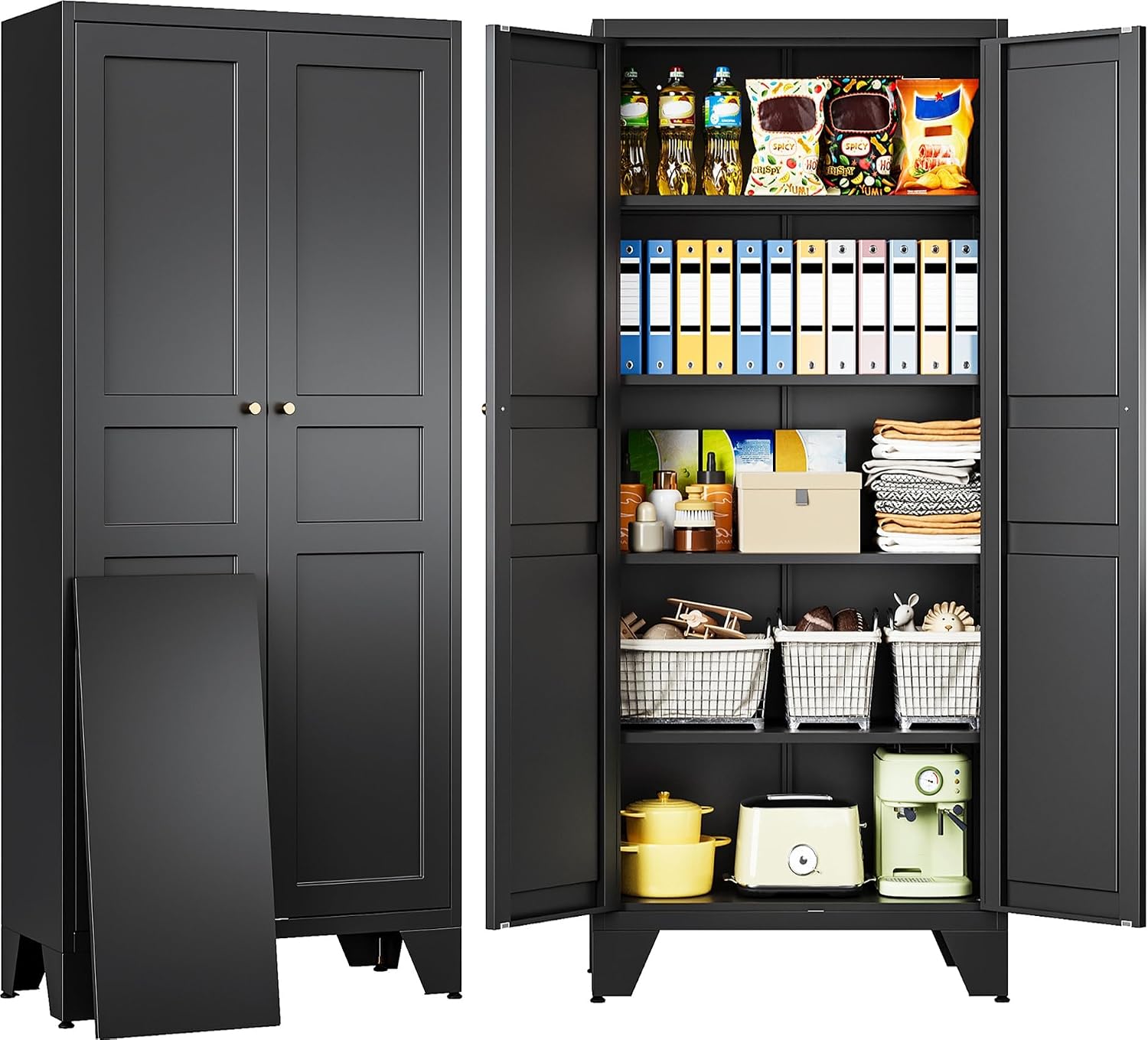 SISESOL Metal Storage Cabinet with Doors and Shelves,Black Storage Cabinet with Leg,Metal Pantry Cabinets,Ventilated Pantry Closet,Tall Large Cupboard for Home,Kitchen,Dining/Living/Laundry Room