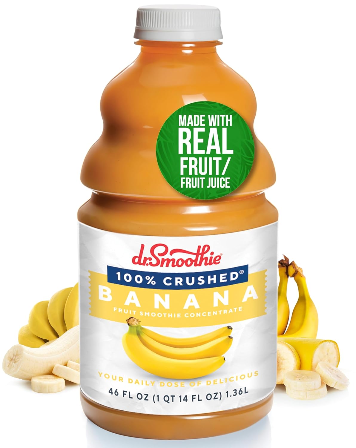 Dr. Smoothie 100% Crushed Banana – No Added Sugar, Made with Real Fruits/Fruit Juice – Vegan, No Artificial Colors or Flavors – Rich & Creamy Sweetness of Perfectly Ripe Bananas – 46 oz Bottle